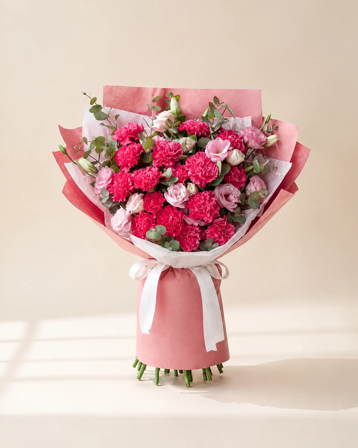 Thanks to Dad Bouquet — 16 stems magenta carnations, 5 stems pink lisianthus (3+ heads per stem), 10 stems eucalyptus