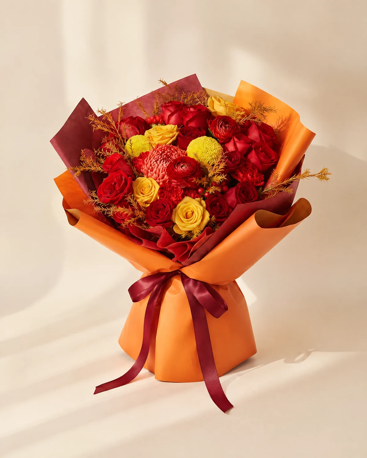 Radiant Celebration for Dad — 16 stems red roses, 6 stems red carnations, 1 stem red peony-chrysanthemum, 2 stems red hypericum berries, 4 stems 'Huihuang' roses, 2 stems yellow ping-pong chrysanthemums, 2 stems red ranunculus, 12 stems solidago