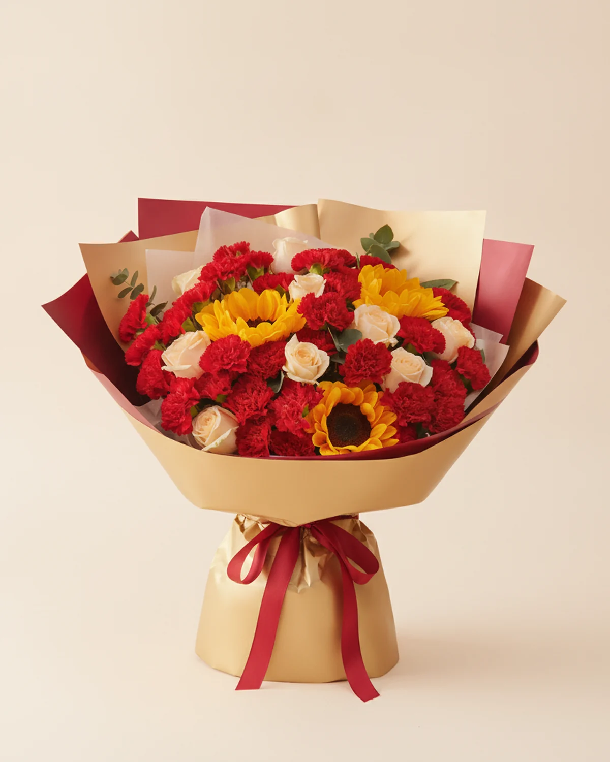 Heartfelt Wishes Bouquet for Dad — 33 stems red carnations, 9 stems champagne roses, 3 stems sunflowers, 5 stems eucalyptus foliage