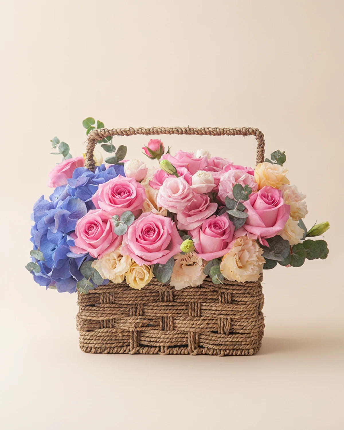 Serene Moments Basket for Dad — 13 stems 'Suxing' roses, 1 stem blue-purple hydrangea, 5 stems champagne lisianthus, 3 stems pink lisianthus, 5 stems eucalyptus foliage