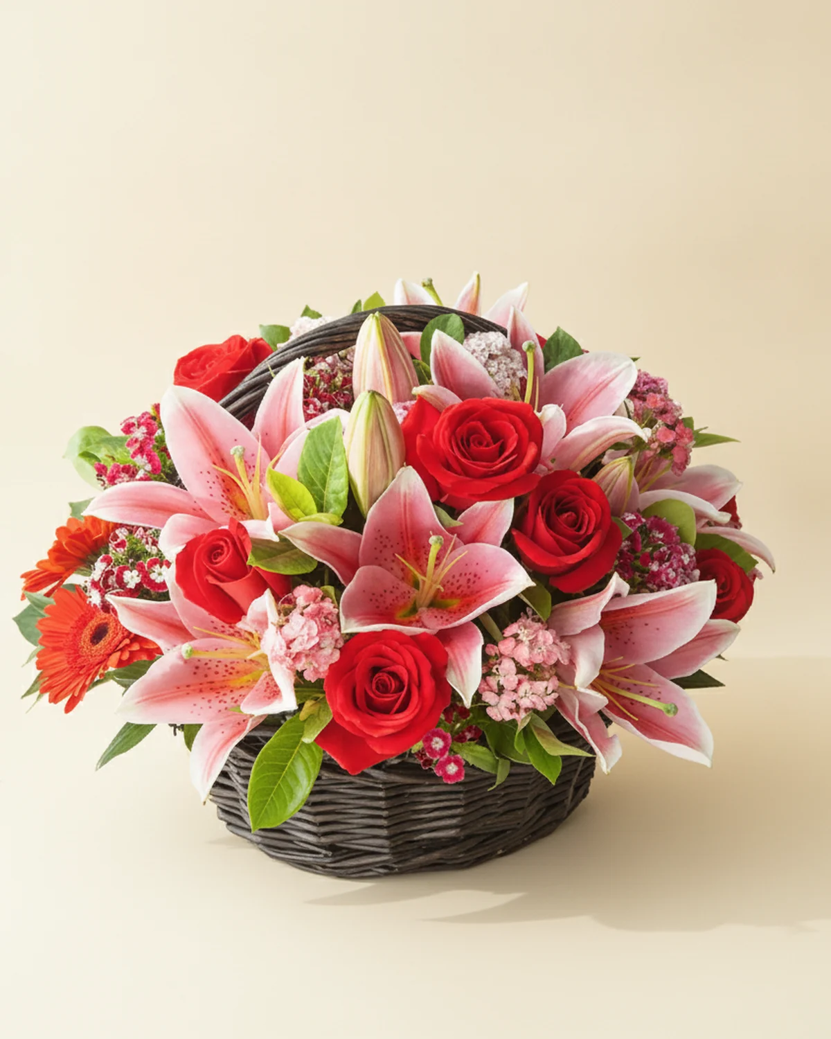 Warm Tribute to Dad — Multi-head lily 2 stems (5+ blooms per stem), Carola roses 8 stems, Red gerbera 6 stems, Mixed-color dianthus 3 stems, Gardenia foliage, 5 stems