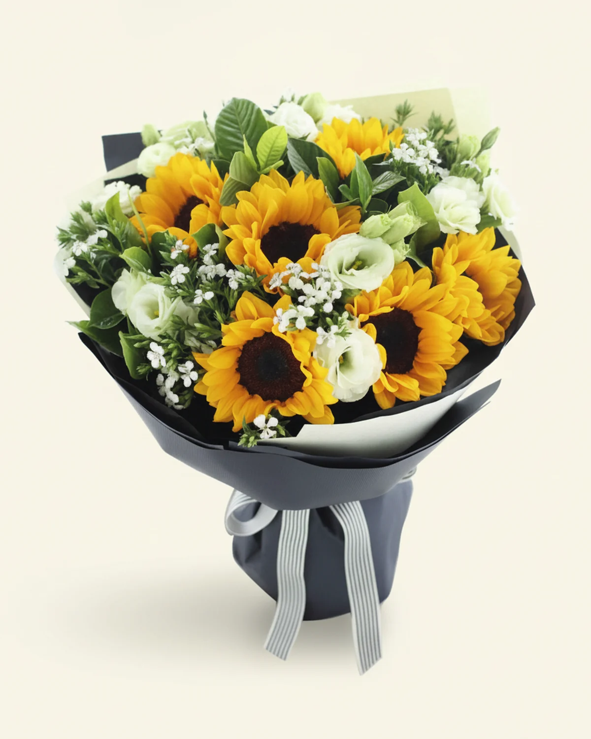 Sunlit Protector Bouquet for Dad — Sunflowers 6 stems, Green lisianthus 6 stems, Gardenia foliage, 10 stems, White mimosa 5 stems