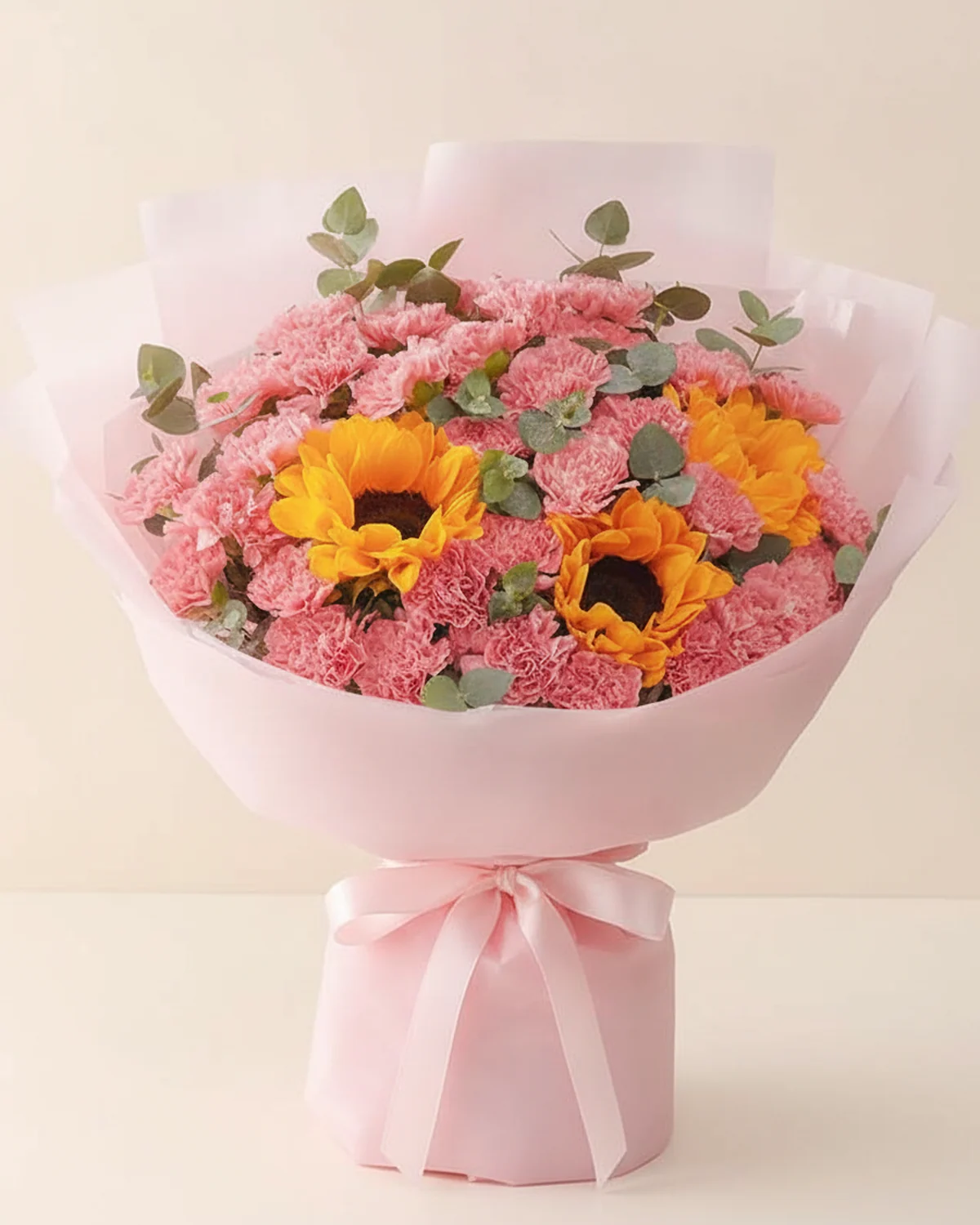 Pink Carnations & Sunflowers Bouquet — Pink carnations, 33 stems, Sunflowers, 3 stems, Eucalyptus foliage, 5 stems