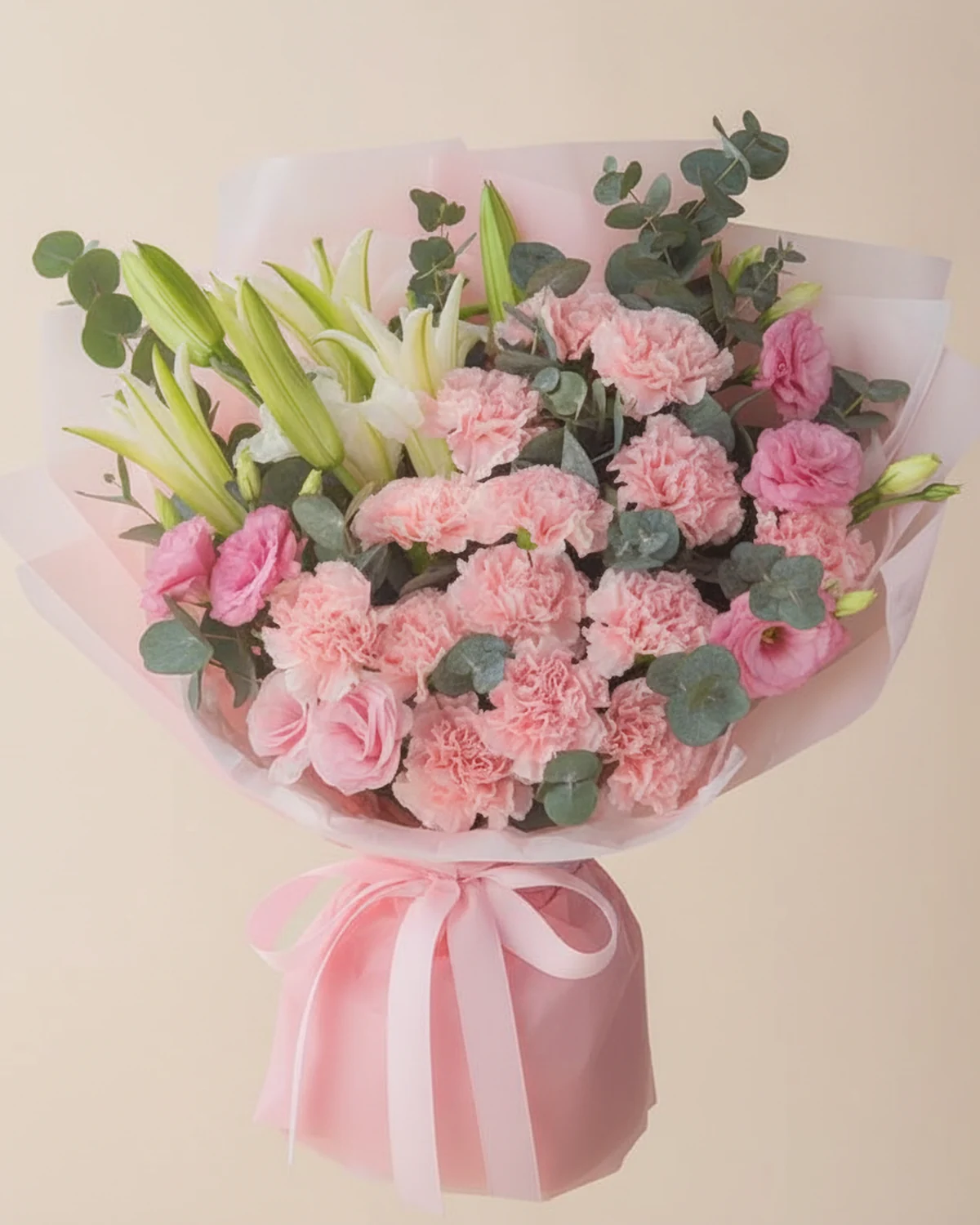 Gentle Blessings for Dad — Pink carnations 16 stems, White fragrant lilies 2 stems (3-5 heads per stem), Pink lisianthus 3 stems (3+ heads per stem), Eucalyptus 10 stems