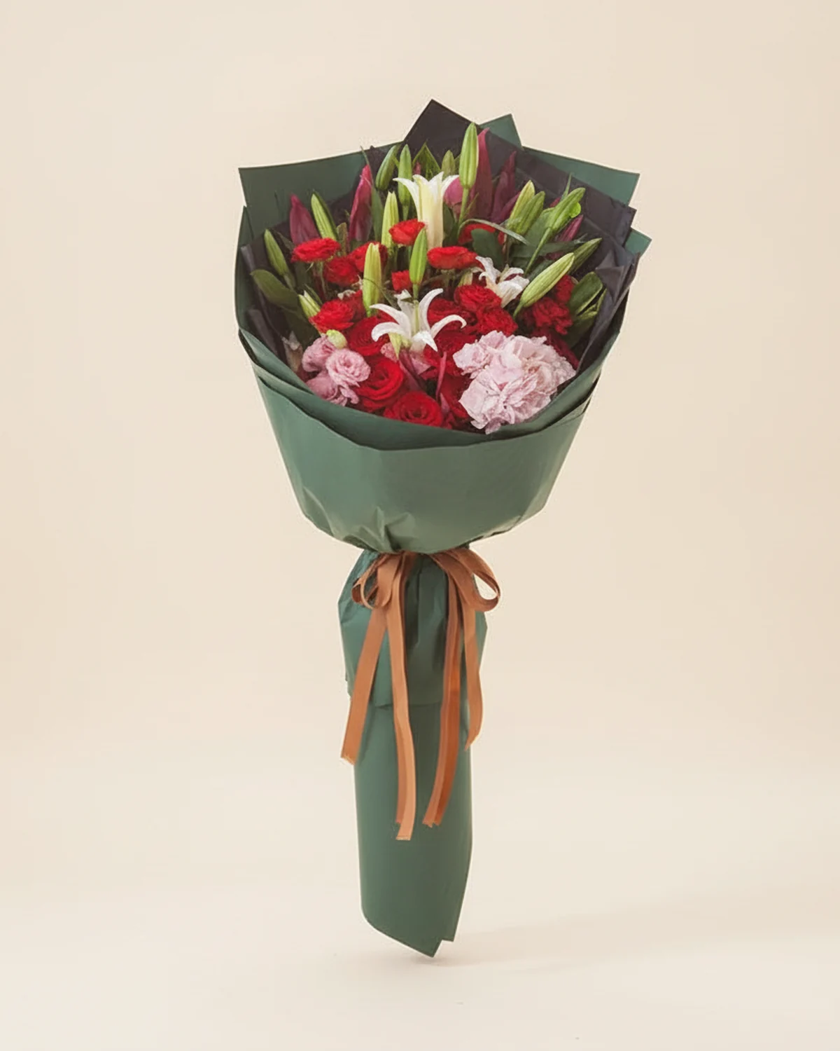 Father's Embrace Bouquet — Red carnations 19 stems, Pink hydrangea 1 stem, Multi-head white lilies 5 stems, Red roses 11 stems, Pink lisianthus 4 stems, Red cordyline leaves 5 stems, Green cordyline leaves 3 stems