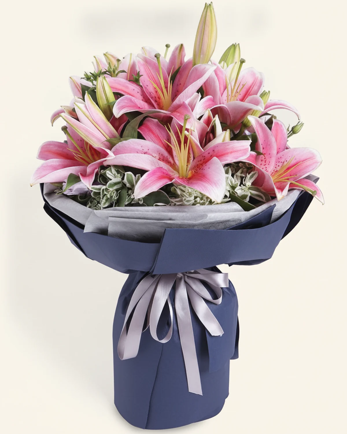 Blooming Gratitude for Dad — Multi-head pink oriental lilies 5 stems (3-5 heads per stem), Leaf-bearing flowers 10 stems