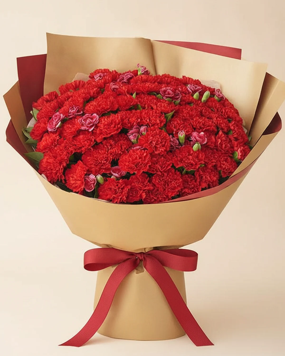 Father's Steadfast Tribute — Classic Carnations — Red carnations, 66 stems, Pink-edged magenta spray (multi-head) carnations, 6 stems, Gardenia foliage, 10 stems
