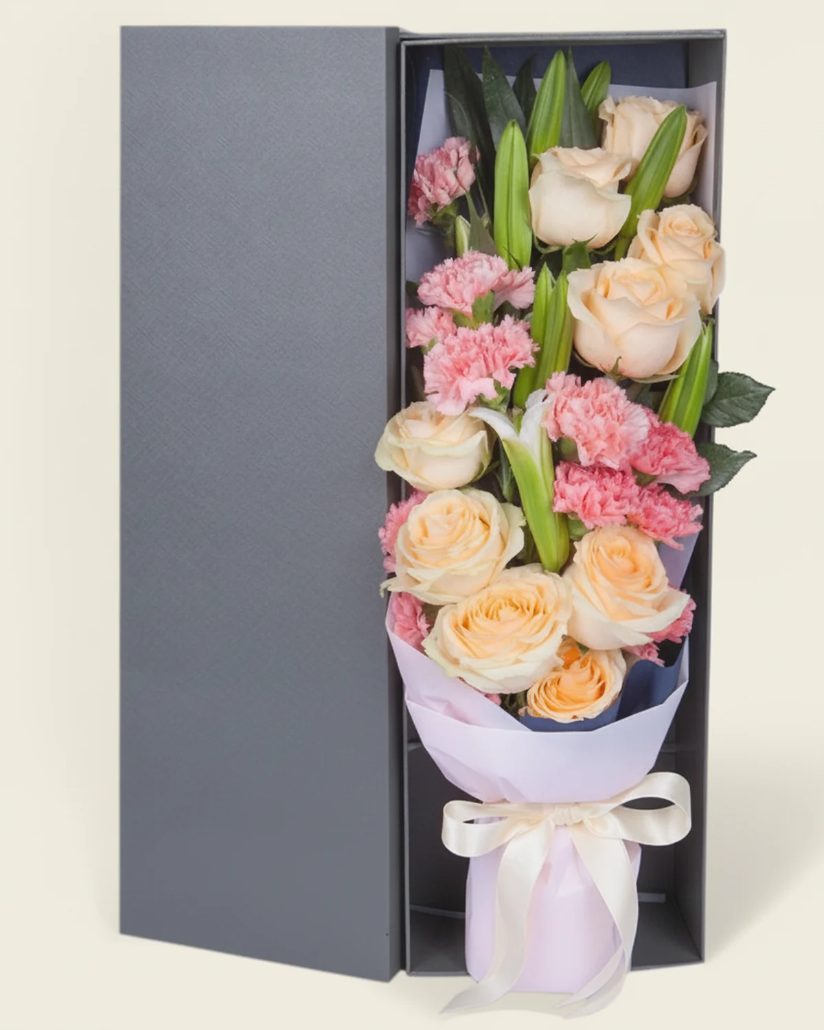 Warm Guardian — Champagne Roses & Lilies Bouquet — Champagne roses, 9 stems, White multi-headed lilies, 2 stems (3–5 heads per stem), Pink carnations, 13 stems