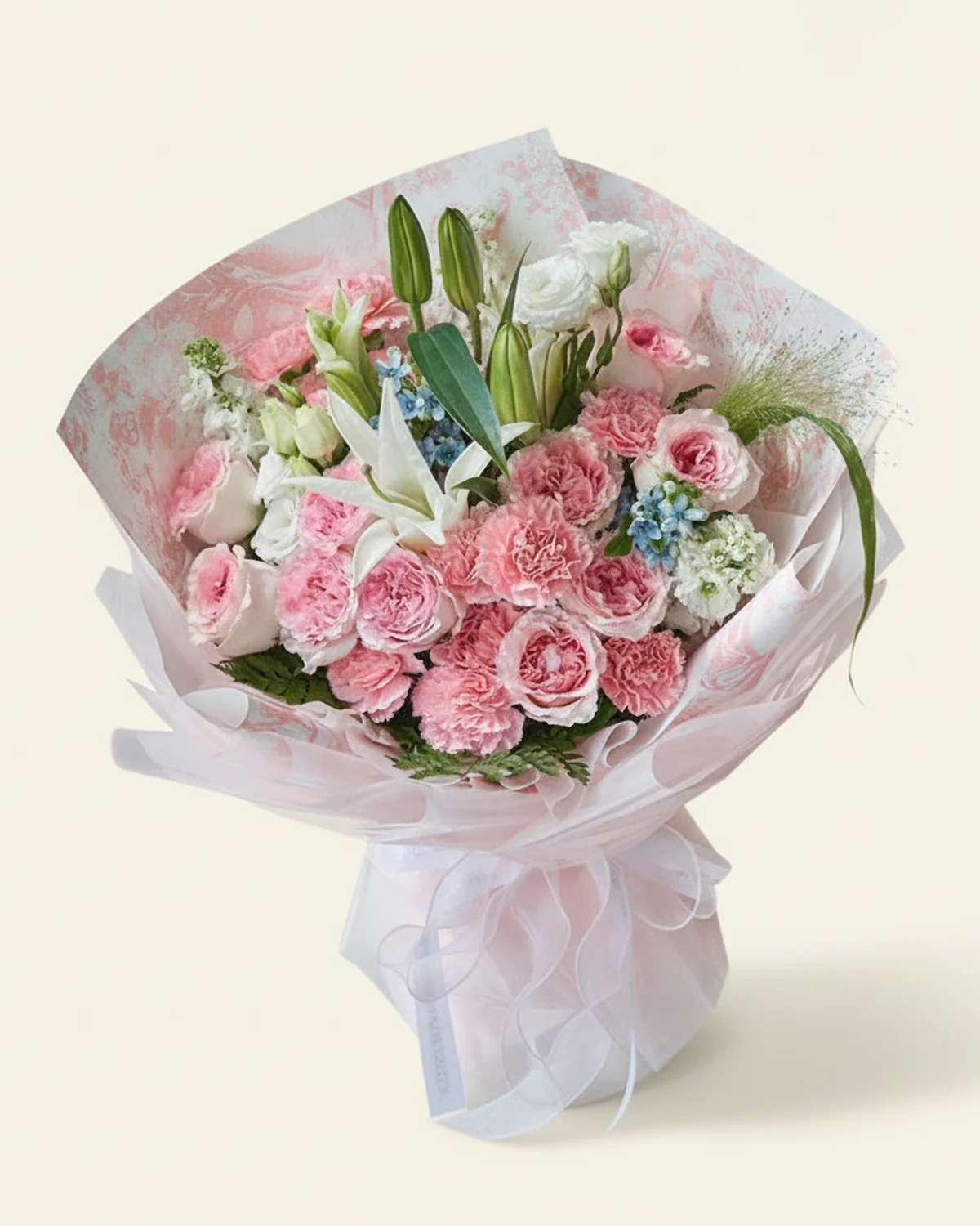 Gentle Years — Father's Floral Tribute — Luoshen roses, 11 stems, White lily, 1 stem, White stock flowers, 3 stems, White eustoma (lisianthus), 2 stems, Pink carnations, 10 stems, Blue star flowers, 2 stems, Alpine fern, 2 stems, Fountain grass, 1 stem