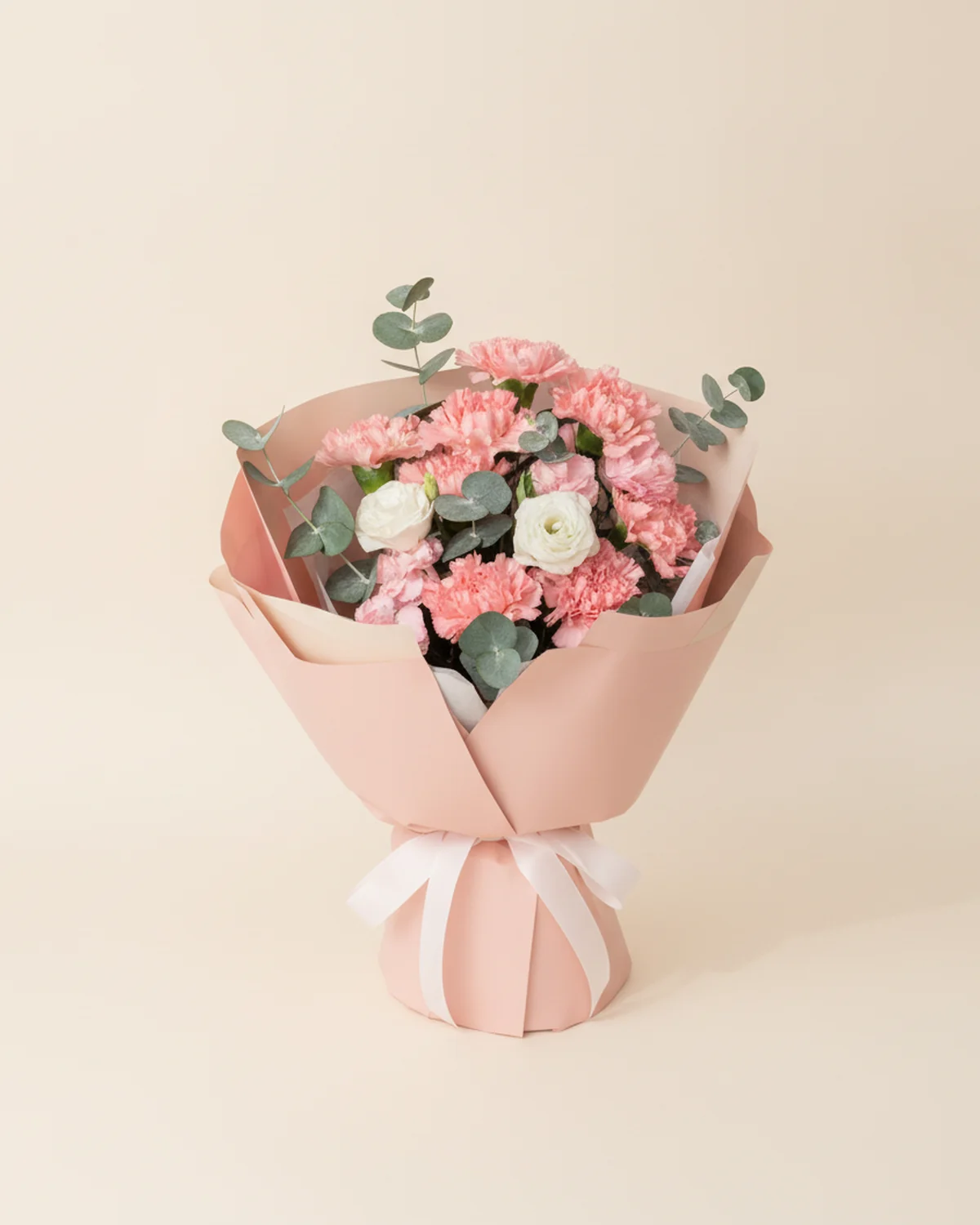 Group Tribute — Father's Carnation Arrangement — Pink carnations, 8 stems, Pink spray (multi-head) carnations, 2 stems, White lisianthus (3 heads or more), 1 stem, Eucalyptus leaves, 10 stems