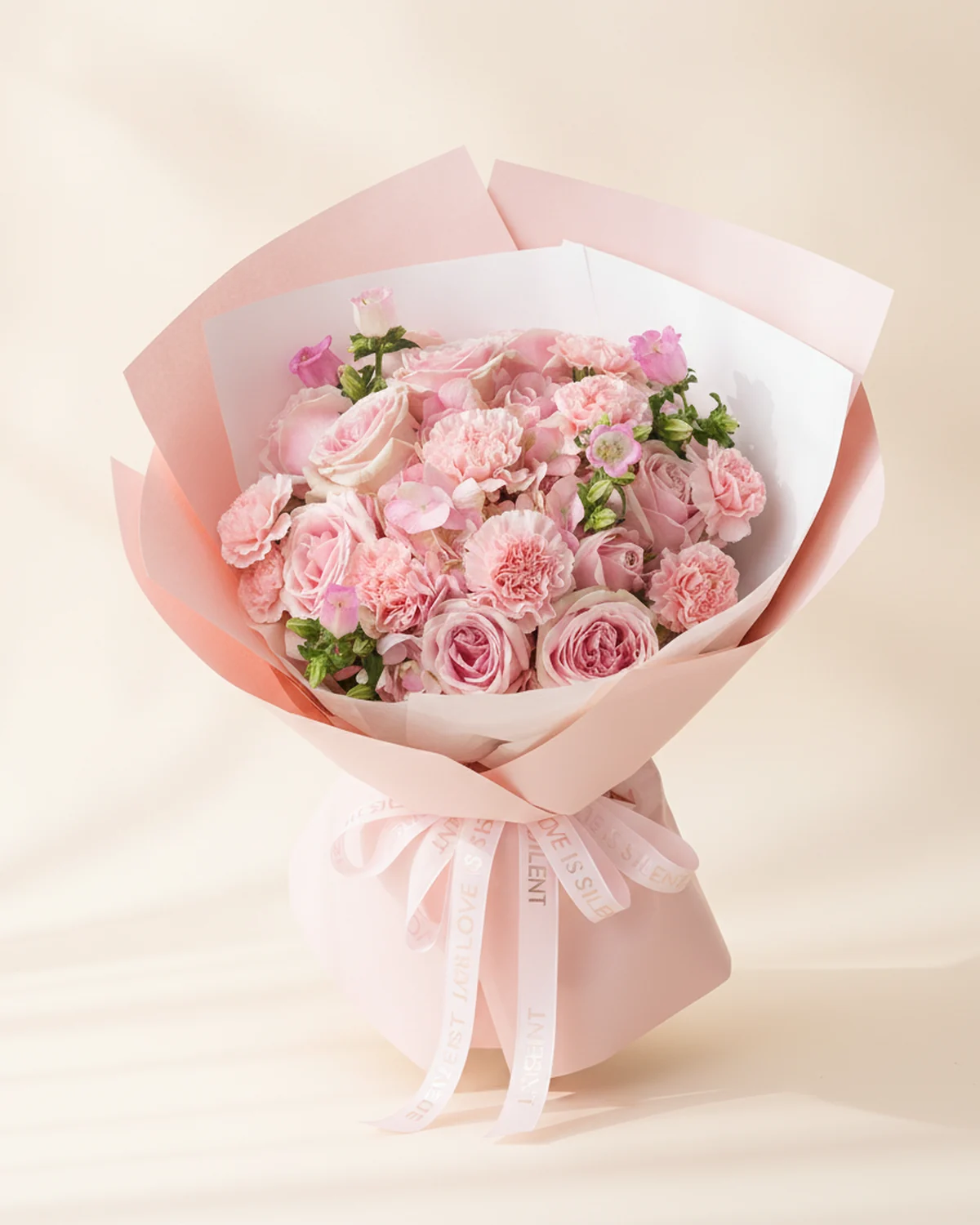 Tender Companionship — Father's Pink Bouquet — Pink Snow Mountain, 10 stems, Pink carnations, 9 stems, Pink large hydrangea, 1 stem, Pink bellflowers, 5 blooms