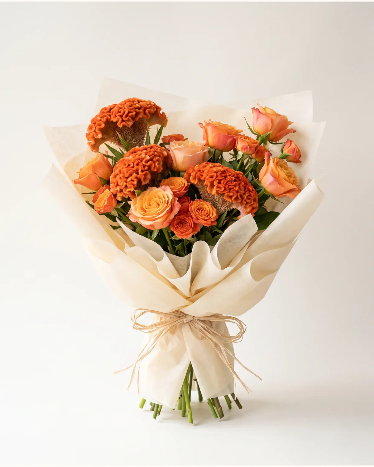 Amber Celosia and Rose Bouquet — orange celosia, orange roses