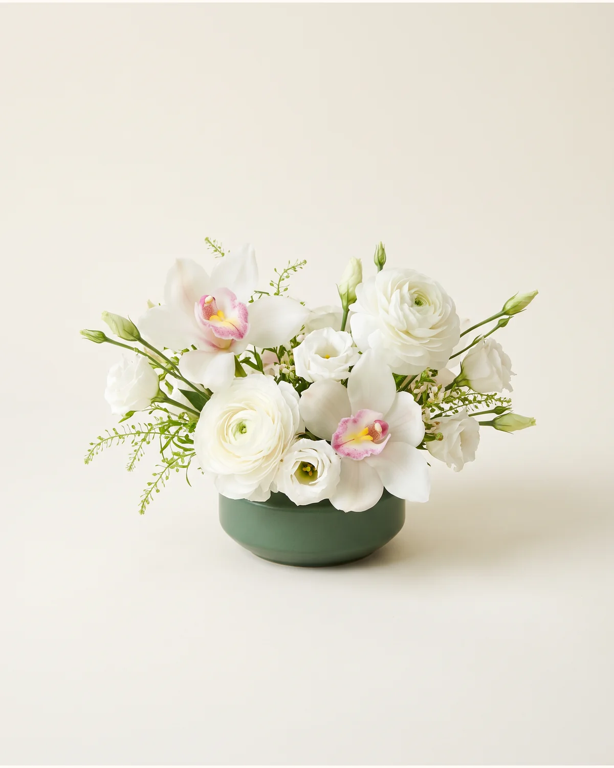 White Orchid and Ranunculus Mini Vase — white orchids, ranunculus, lisianthus, small vase