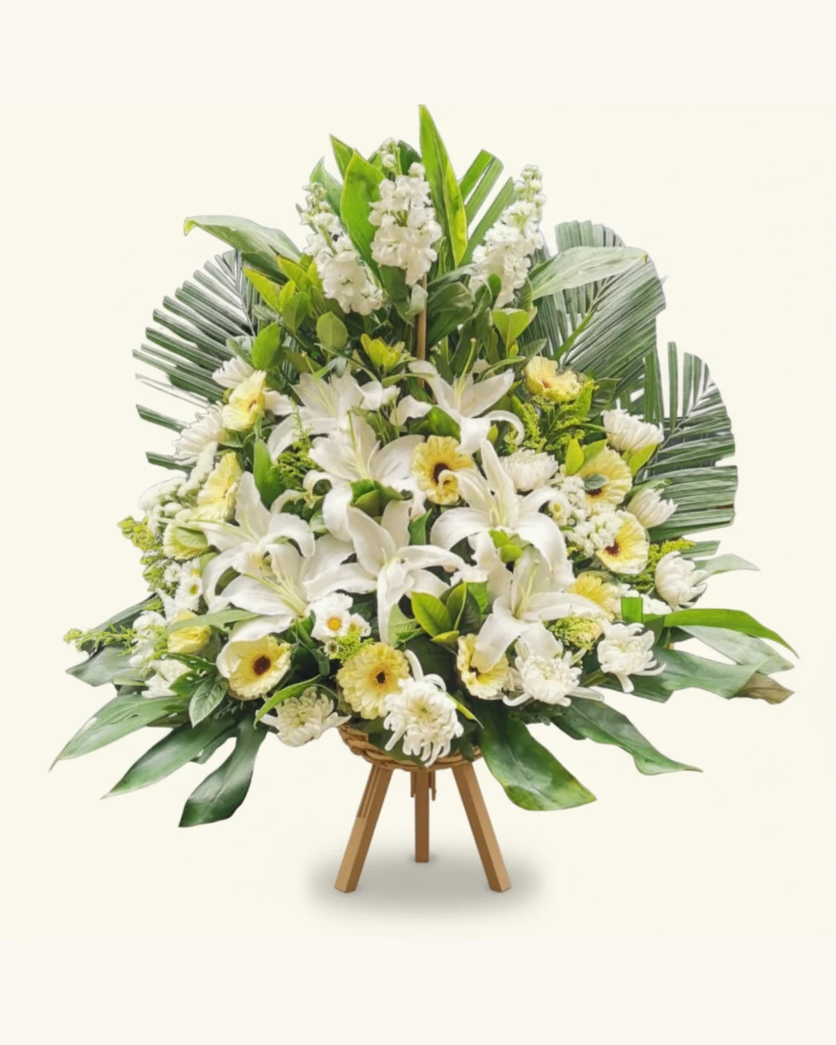 白黃百合菊花架 — 白百合、黃色菊花、白色菊花、綠色葉材、藤編花籃及木架