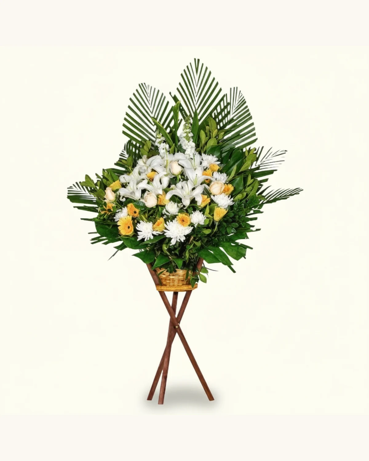 清雅百合菊花立架花籃 — 白色百合、白色蜘蛛菊、黃色非洲菊、奶油色玫瑰、棕櫚葉及綠葉、藤編花籃、交叉木製花架