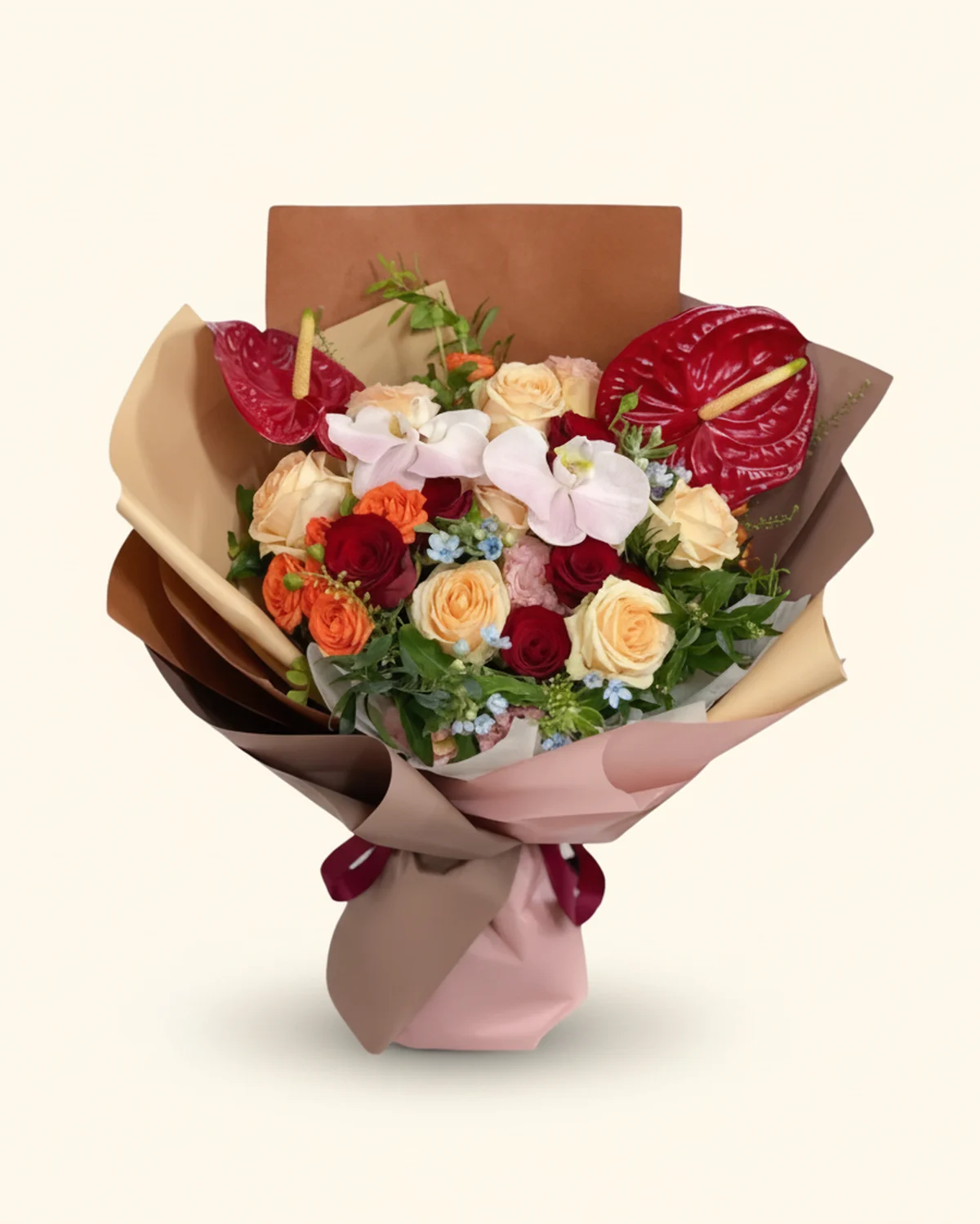 啟程榮耀花束 — 多頭玫瑰、香檳玫瑰、紅掌、蘭花
