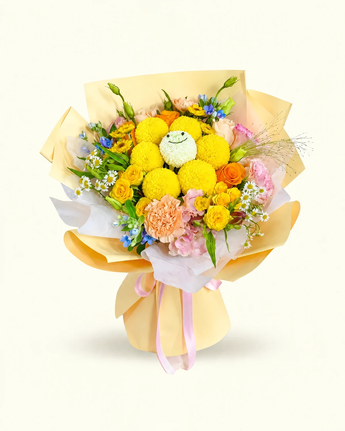Radiant Ambition Bouquet — Multi-head roses, Ping-pong chrysanthemums, Champagne lisianthus, Small daisies, Pink roses