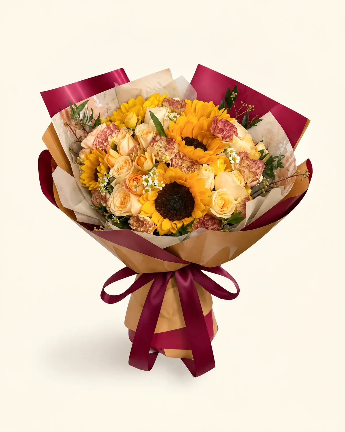 Chasing Light Graduation Bouquet — Champagne roses, Sunflowers, Champagne lisianthus, Small daisies