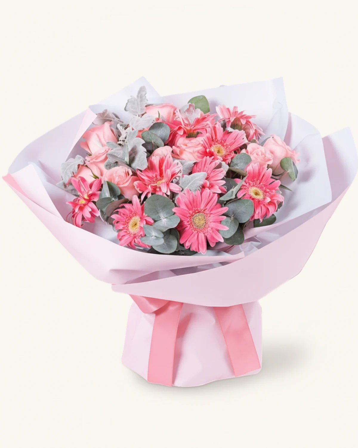 Starlit Path Graduation Bouquet — pink roses, Pink gerbera daisies, large-leaf eucalyptus, Dusty miller