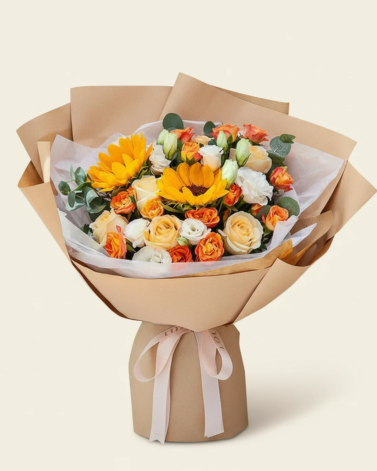 Uplifted Horizons Graduation Bouquet — champagne roses (6 stems), sunflowers (2 stems), orange spray roses (2 stems), white eustoma (lisianthus) (2 stems), eucalyptus foliage (5 stems)