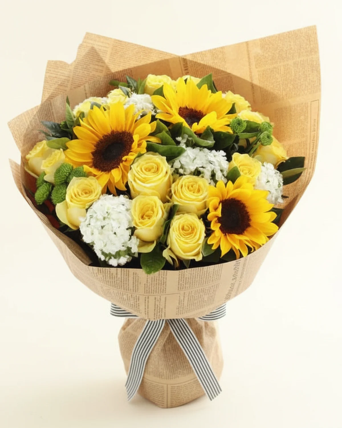 Bright Future Bouquet — sunflower, pittosporum foliage, yellow roses, white dianthus, green small daisies, gardenia leaves