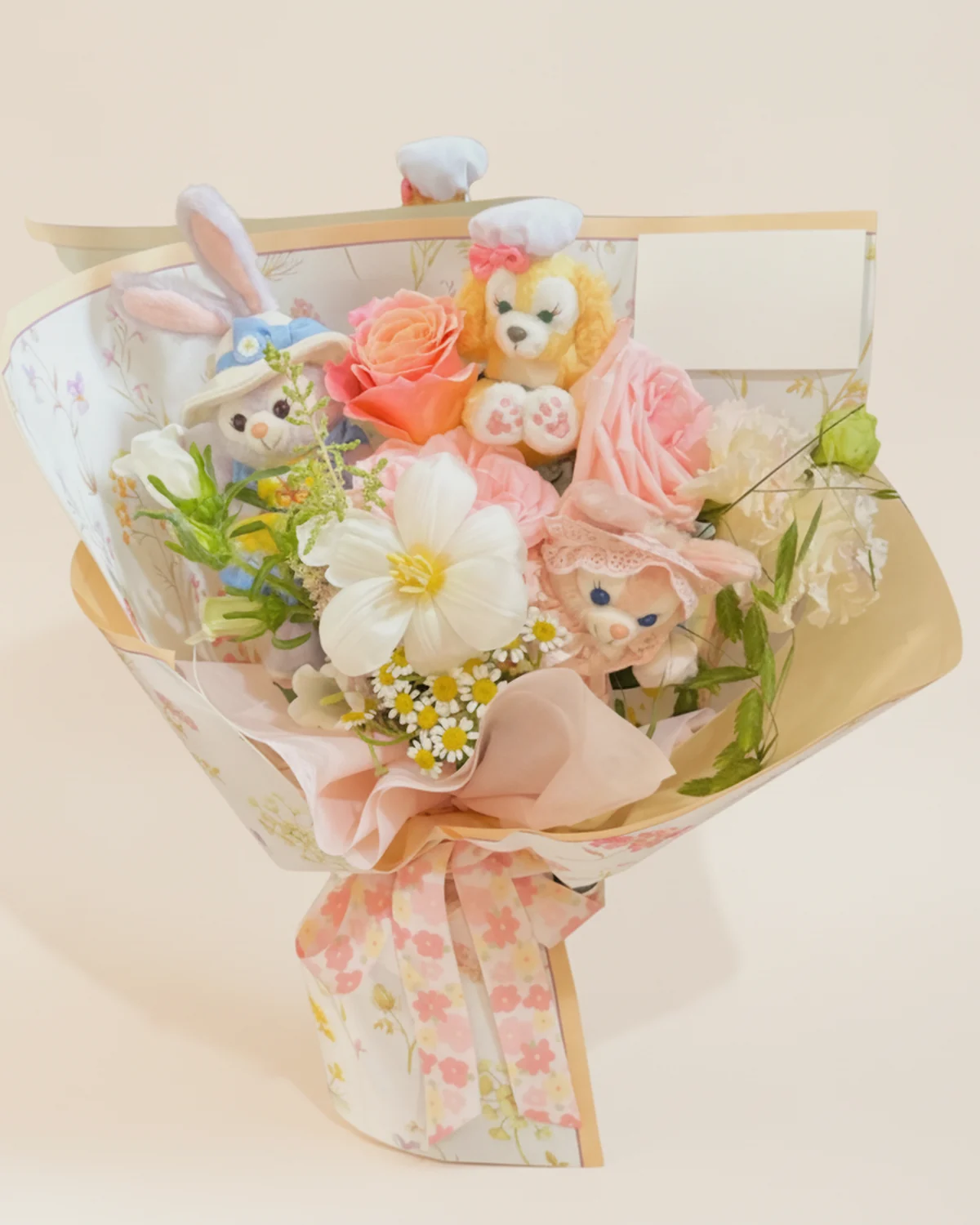 飛躍新程花束 — 玩偶、小雛菊、風鈴、洋牡丹