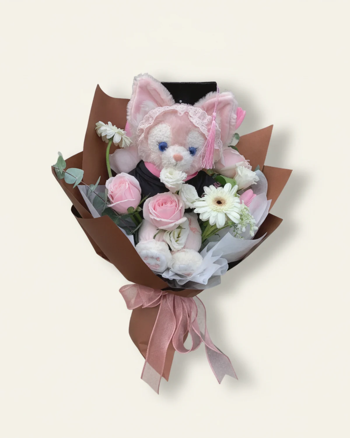 Steadfast Journey Bouquet — plush toy, white chrysanthemum, rose, lisianthus, eucalyptus foliage