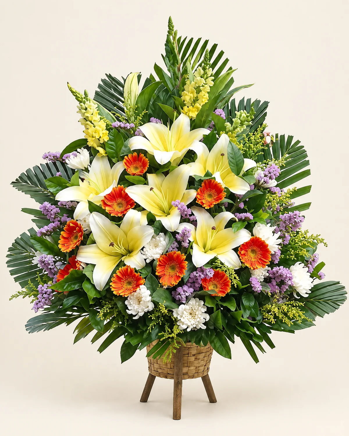 黃百合、橙色雛菊形花材悼念花籃・純白 — 黃百合、橙色雛菊形花材、白菊