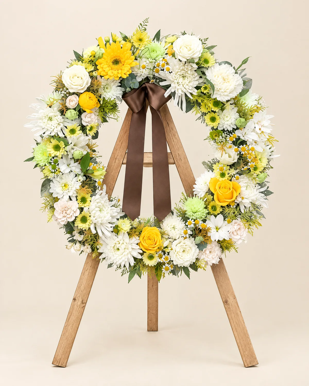 白菊、黃菊悼念花圈・恬淡 — 白菊、黃菊、粉玫瑰