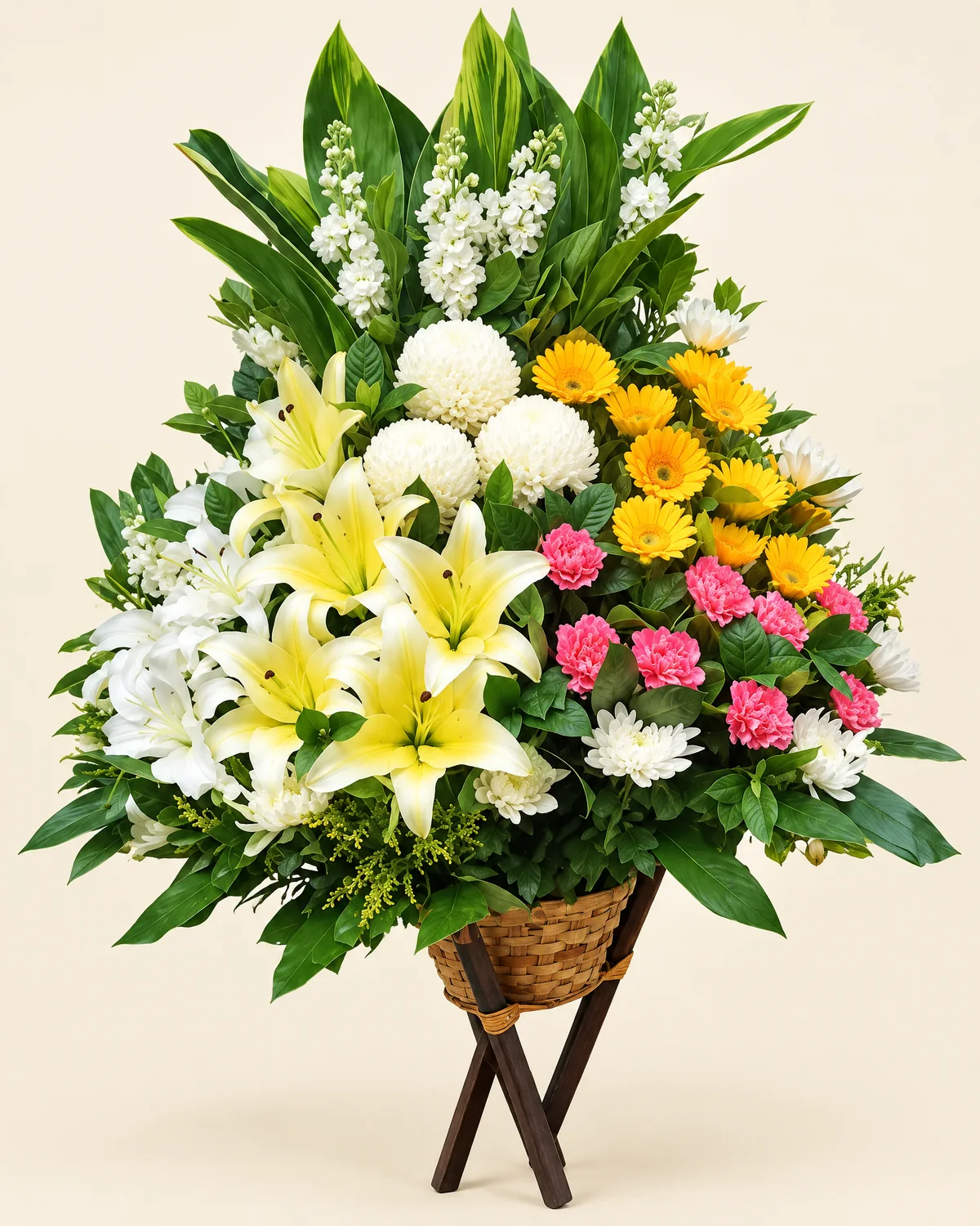 白百合、白菊悼念花籃・素雅 — 白百合、白菊、黃菊