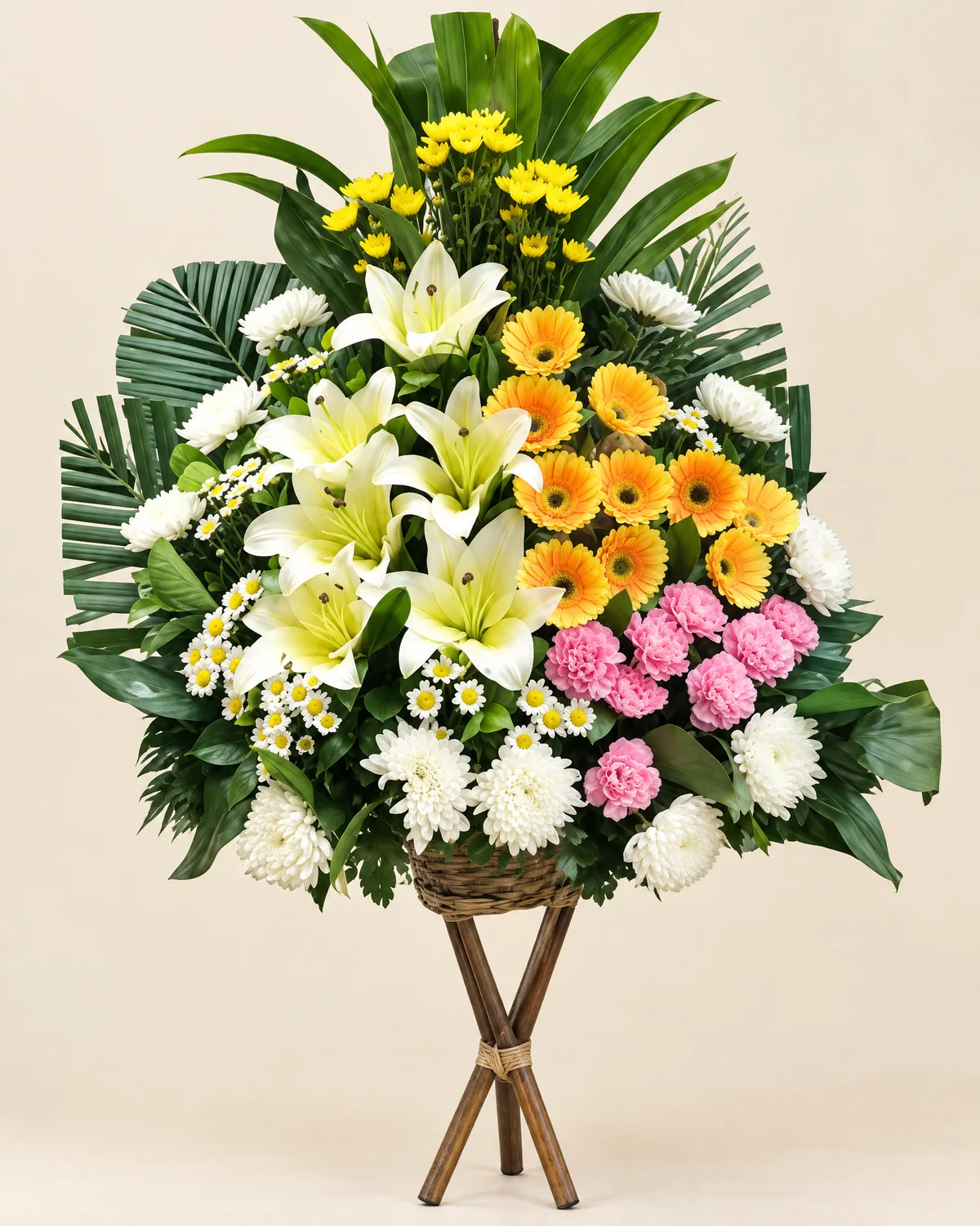 白百合、黃菊立式悼念花藝・清柔 — 白百合、黃菊、繡球花