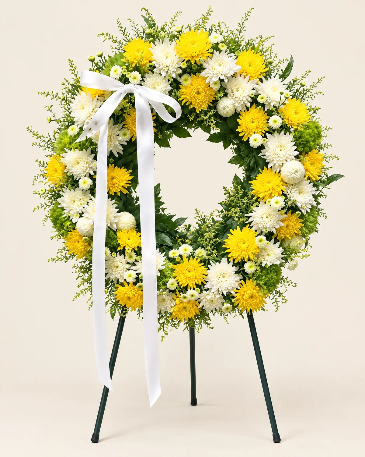 牡丹菊、黃色雛菊形花材悼念花圈・寧靜 — 牡丹菊、黃色雛菊形花材、康乃馨