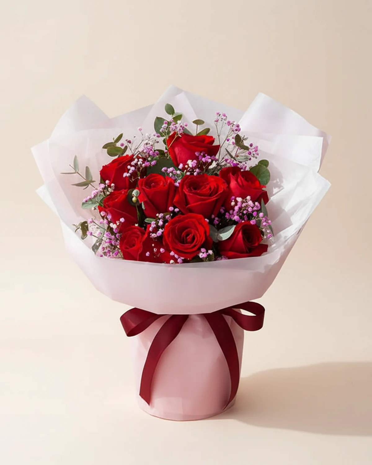 Always Cherished Bouquet — Carolla roses 9 stems, Pink gypsophila 1 stem, Eucalyptus 5 stems