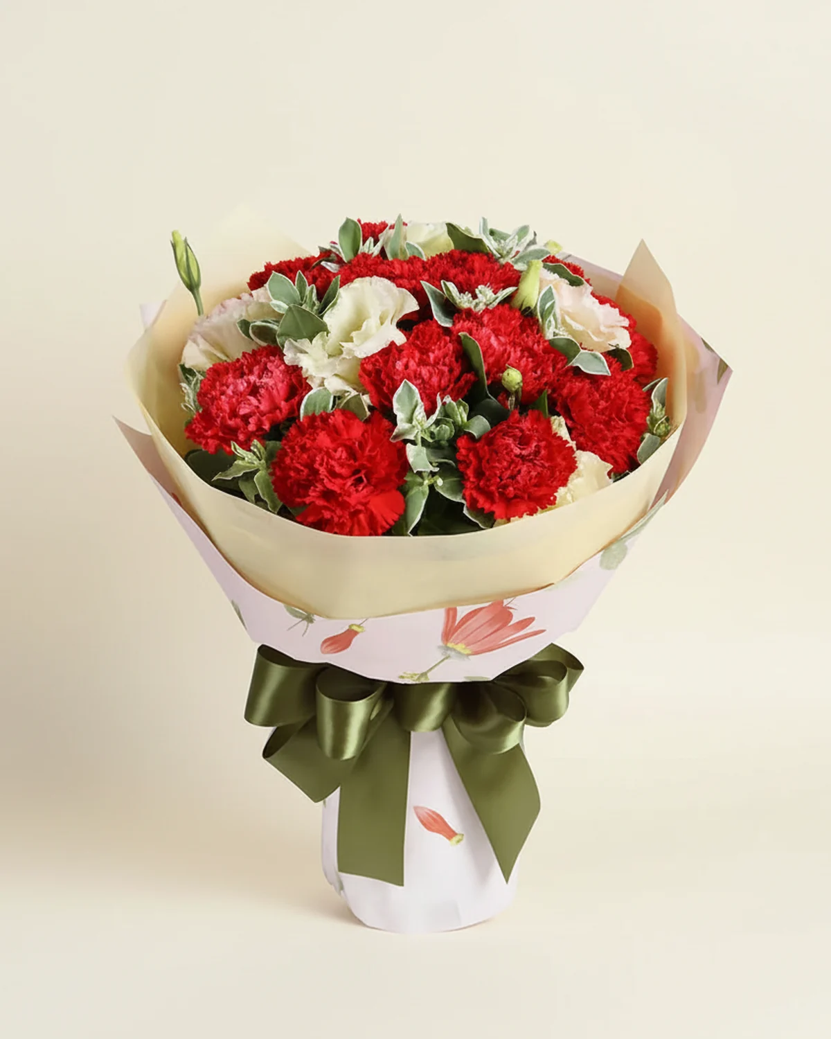Red Carnation & Champagne Lisianthus Bouquet — Red carnations, 16 stems, Champagne lisianthus, 3 stems, Variegated foliage, 8 stems