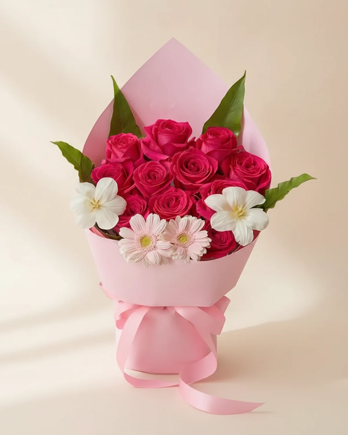 Fresh Affection Bouquet — Floyd red roses 11 stems, White tulips 2 stems, Pink gerbera daisies, 2 stems, Bird's nest fern leaves, 4 stems