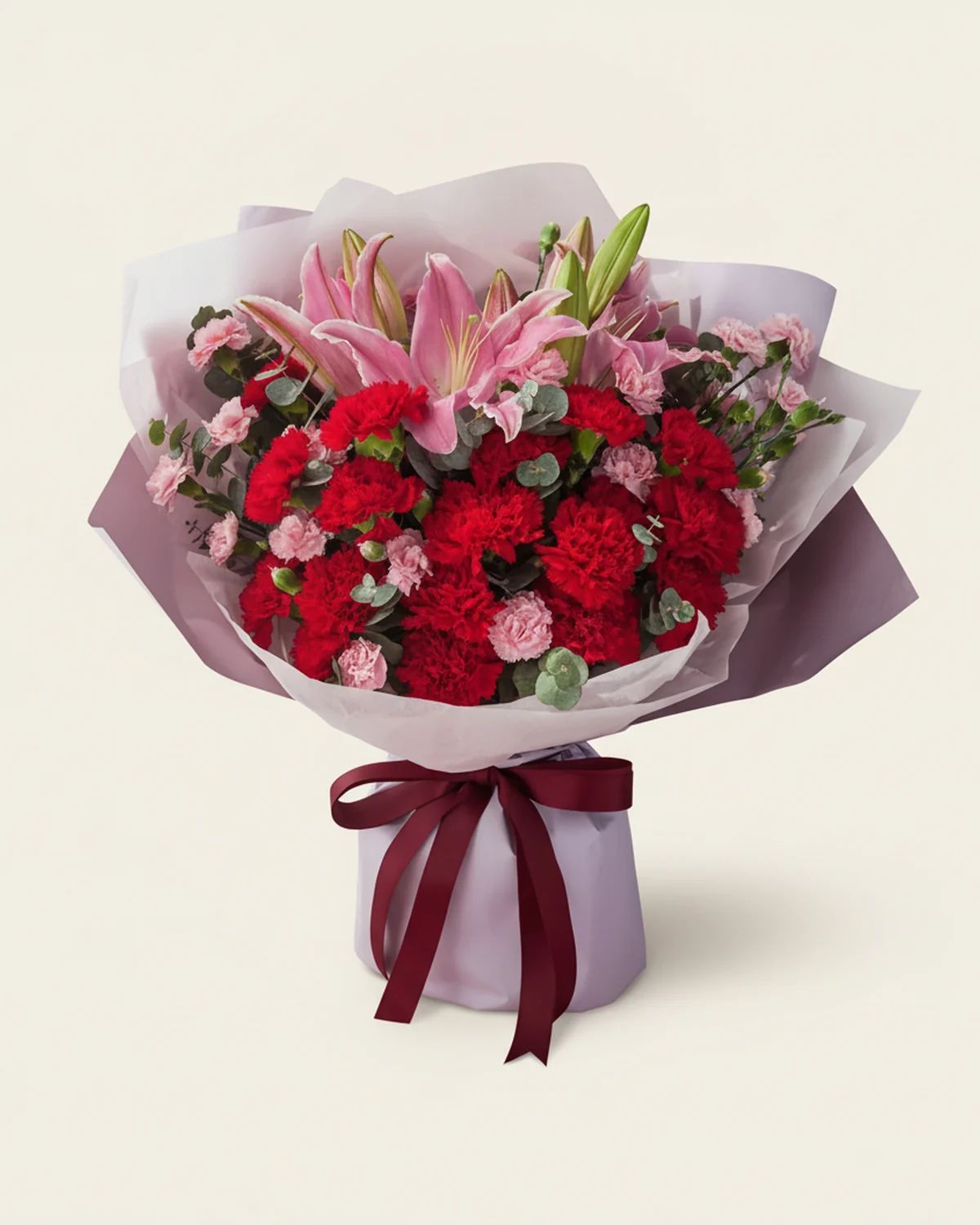 溫柔謝意花束 — 紅色康乃馨 19枝、粉紅色百合 3枝、粉紅色多頭康乃馨 8枝