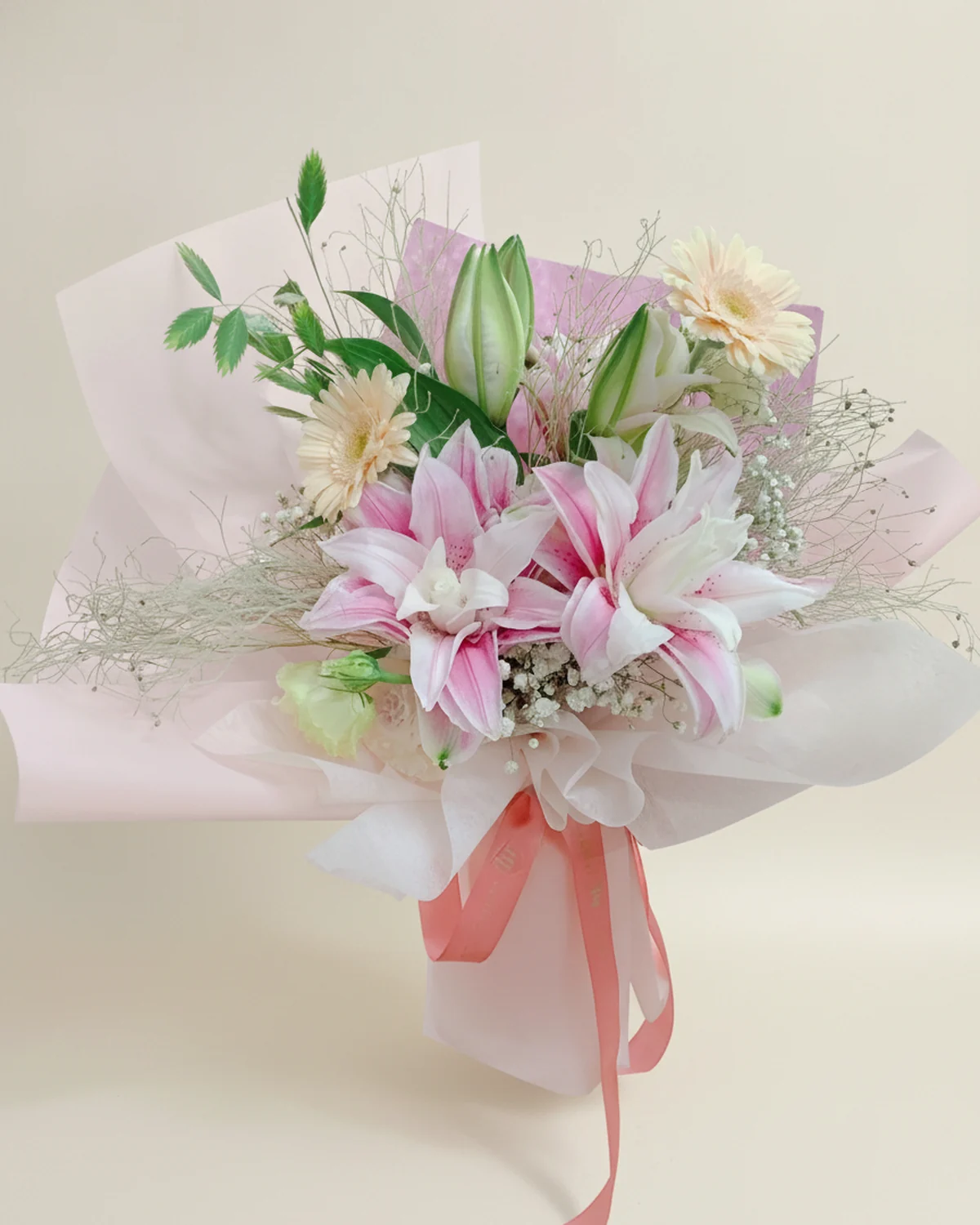 滿懷感恩綻放 — 非洲菊、滿天星、重瓣百合、桔梗、柔絲、小盼草