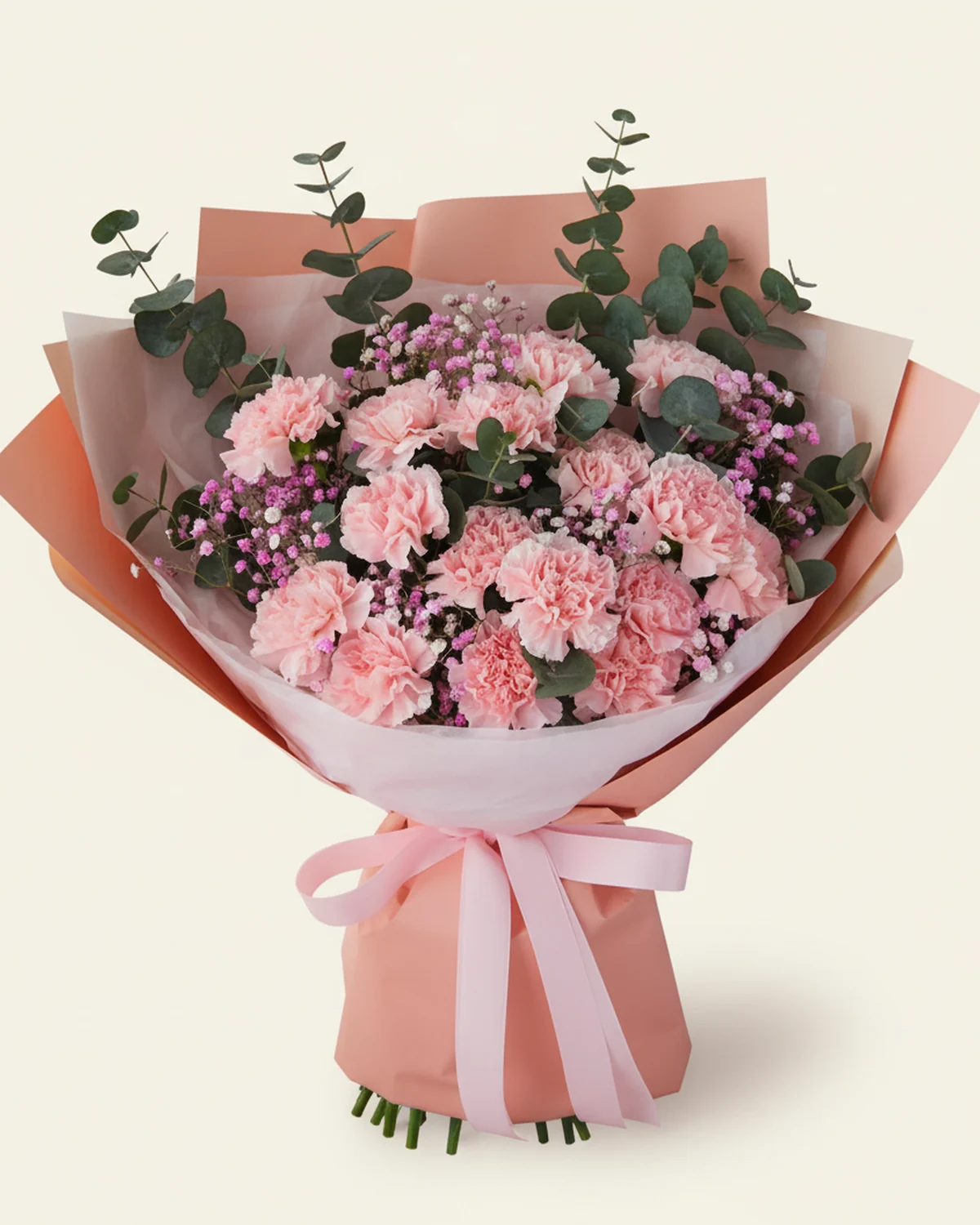 Pink Carnation & Baby’s Breath Bouquet — Pink carnations, 16 stems, Pink baby's breath, 3 stems, Eucalyptus, 10 stems