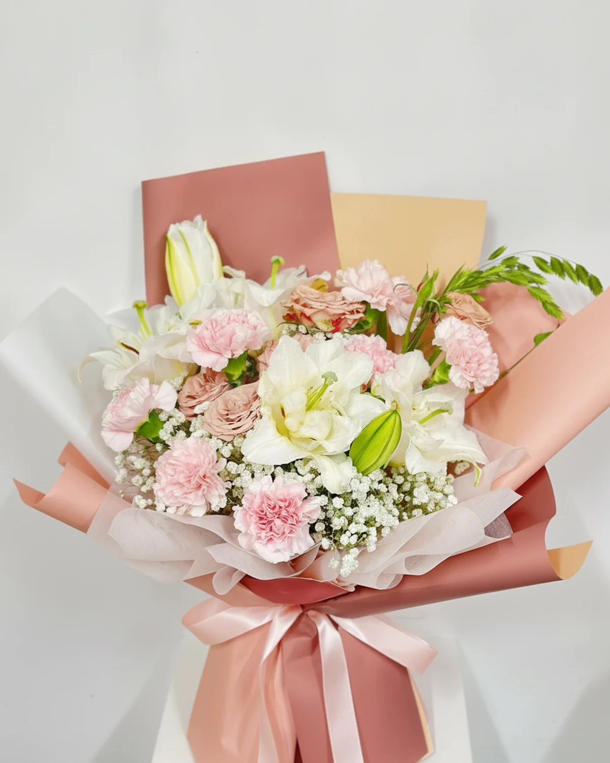 Affectionate Bloom Bouquet — Carnations, Spray roses, Baby's breath, Double-flowered lilies, Ornamental grass