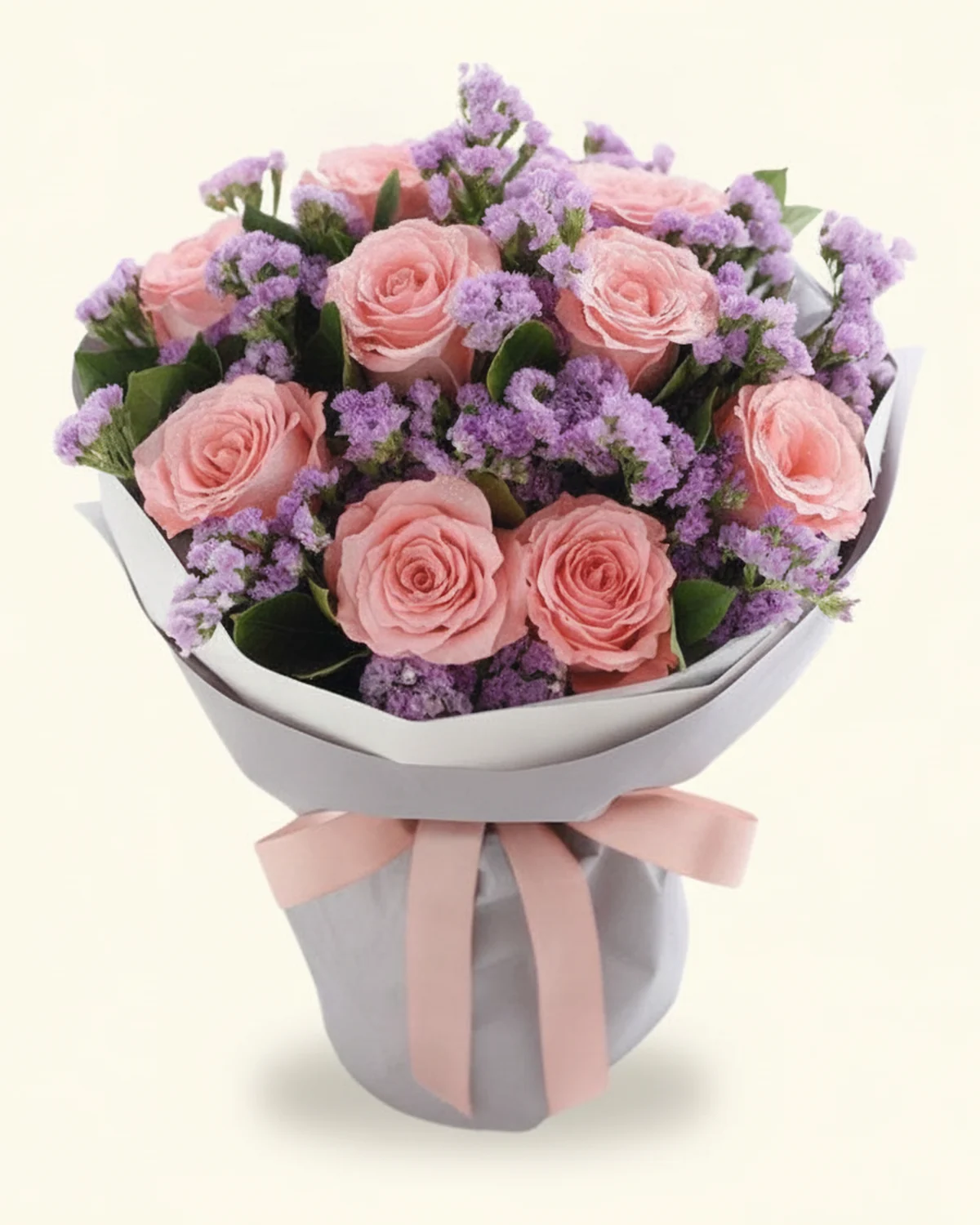 馥郁私語花束 — 粉玫瑰、淺紫色勿忘我、梔子葉