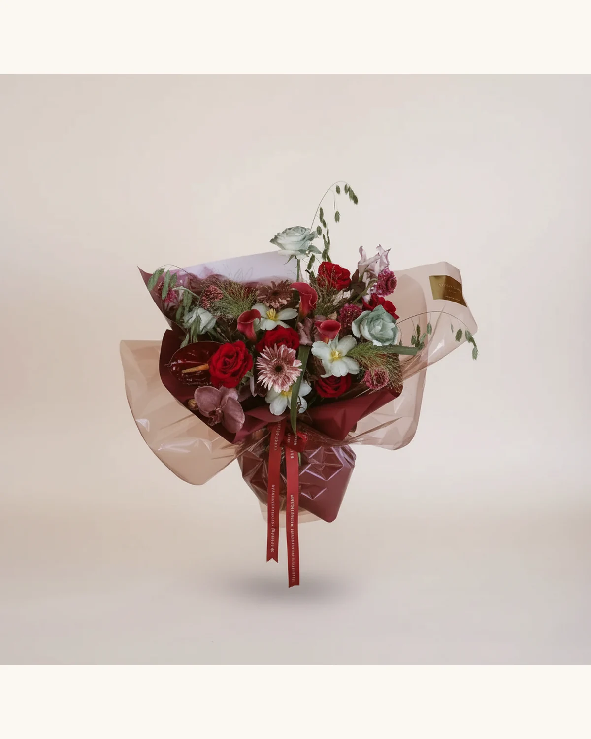 Christmas Red Rose and Calla Lily Bouquet — Red Roses, White Roses, Calla Lilies, Carnations, Anthurium, Orchids, Gerbera Daisies, Pennisetum, Brome Grass