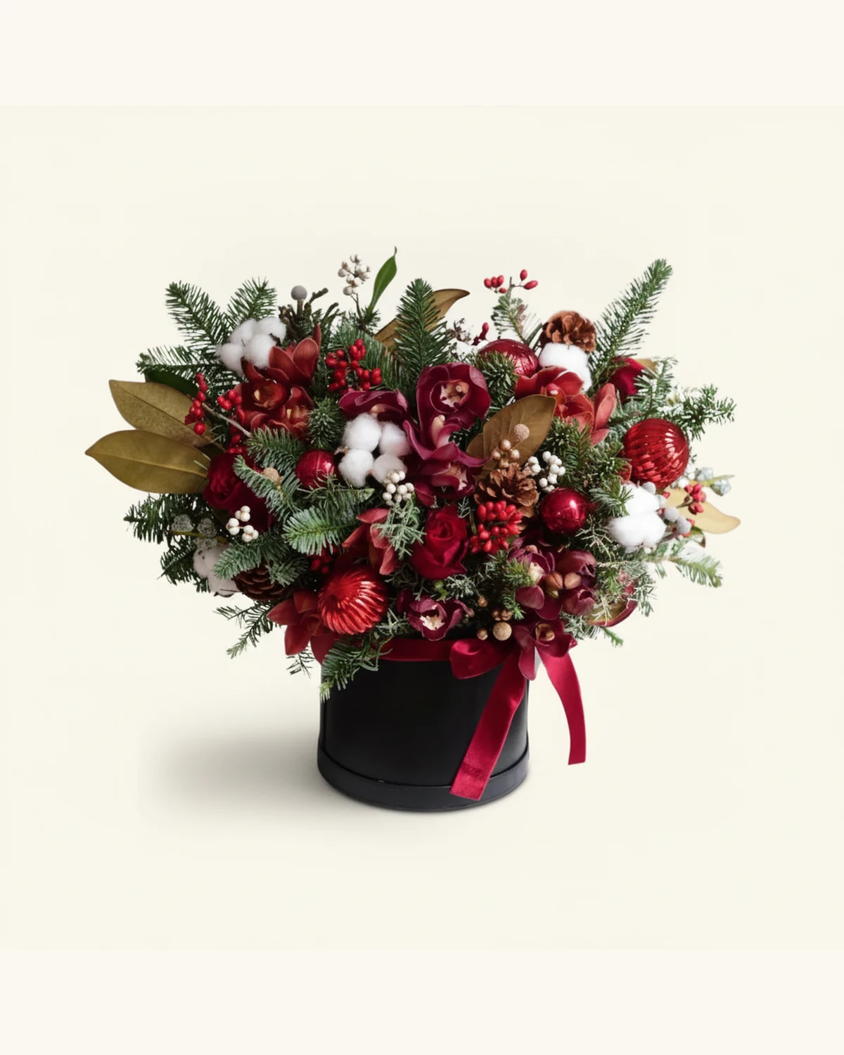 Christmas Red Rose and Orchid Pine Box Arrangement — Red Rose, Cymbidium Orchid, Pine Foliage, Cotton Flowers, Pine Cones, Holly Berries, Christmas Baubles, Black Round Gift Box, Ribbon