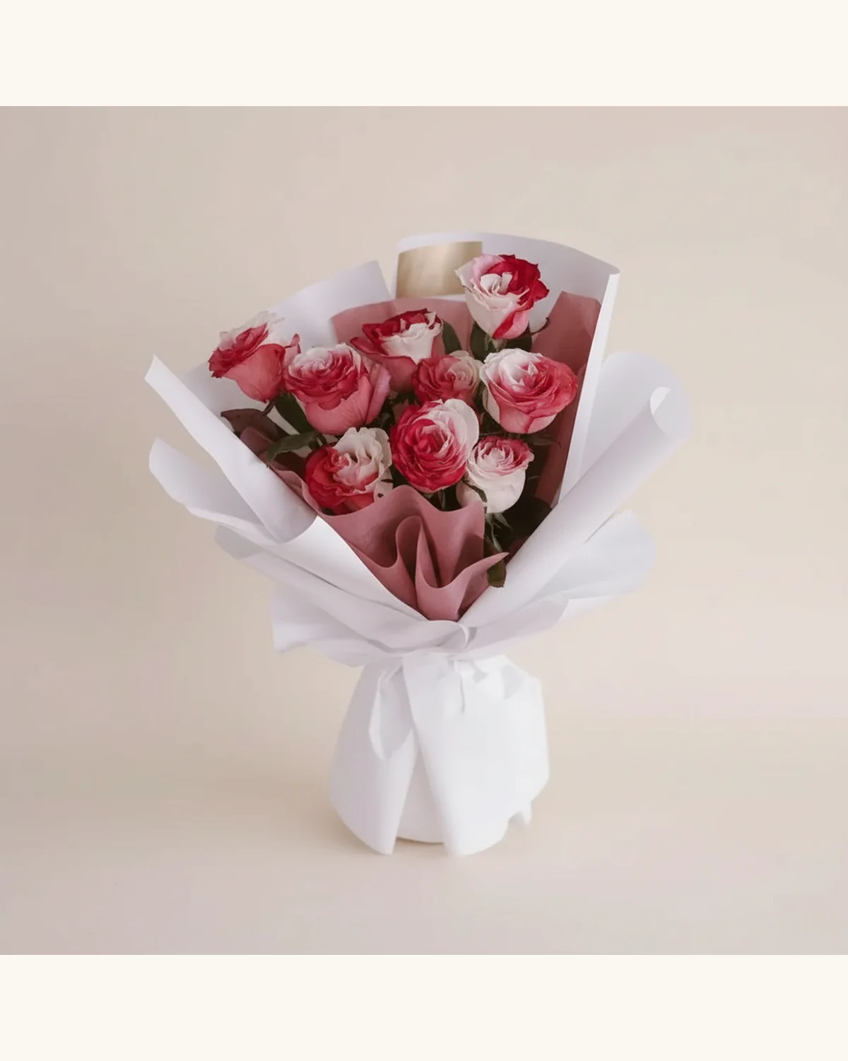 Bicolor Red and White Rose Bouquet — Ecuadorian Red and White Bicolor Roses, White Wrapping Paper, Pink Inner Lining Paper, Gold Decorative Card