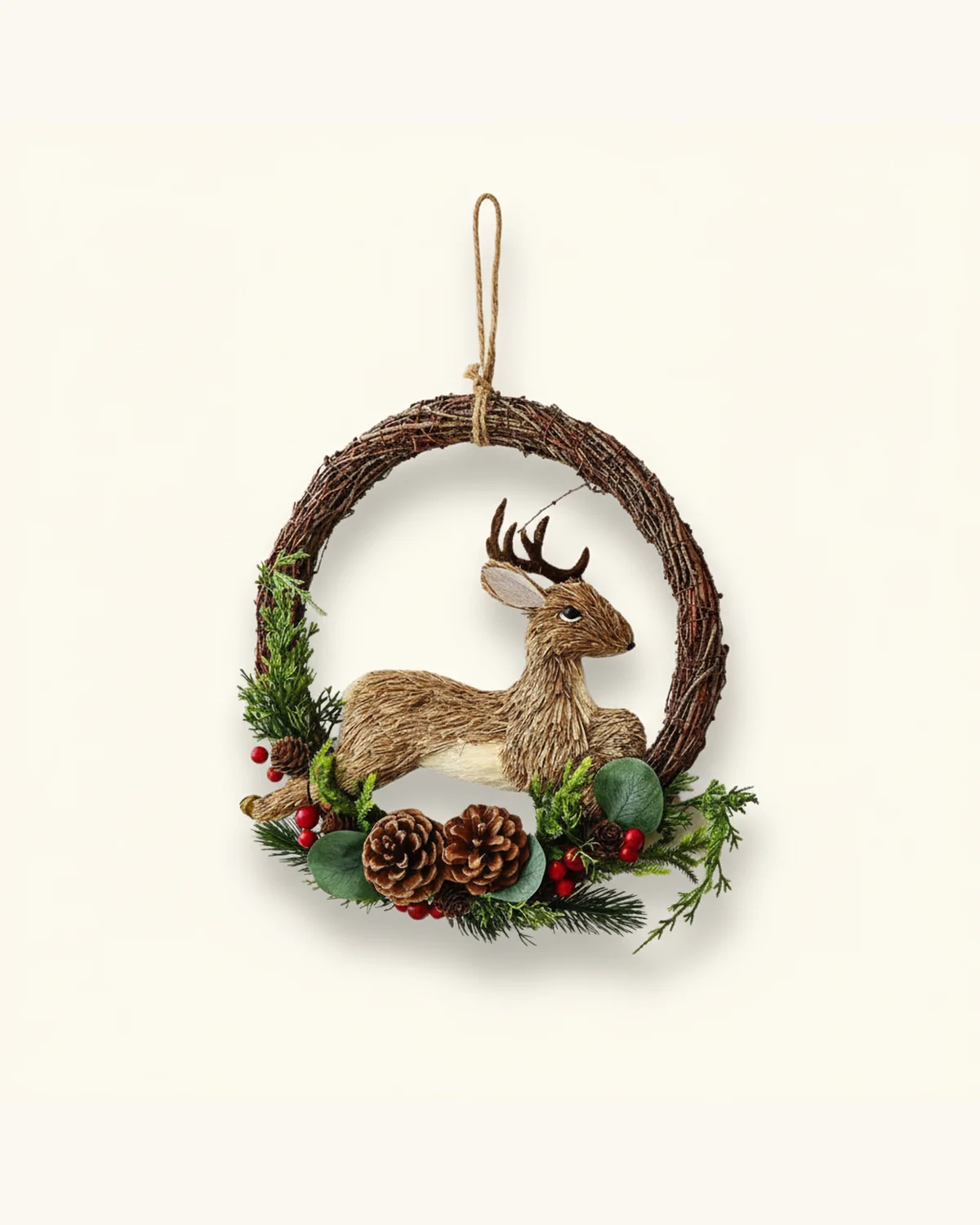 Little Reindeer and Pinecone Grapevine Christmas Wreath — Grapevine Wreath, Straw Reindeer, Pinecones, Artificial Pine Needles, Red Berries, Eucalyptus Leaves, Jute Twine