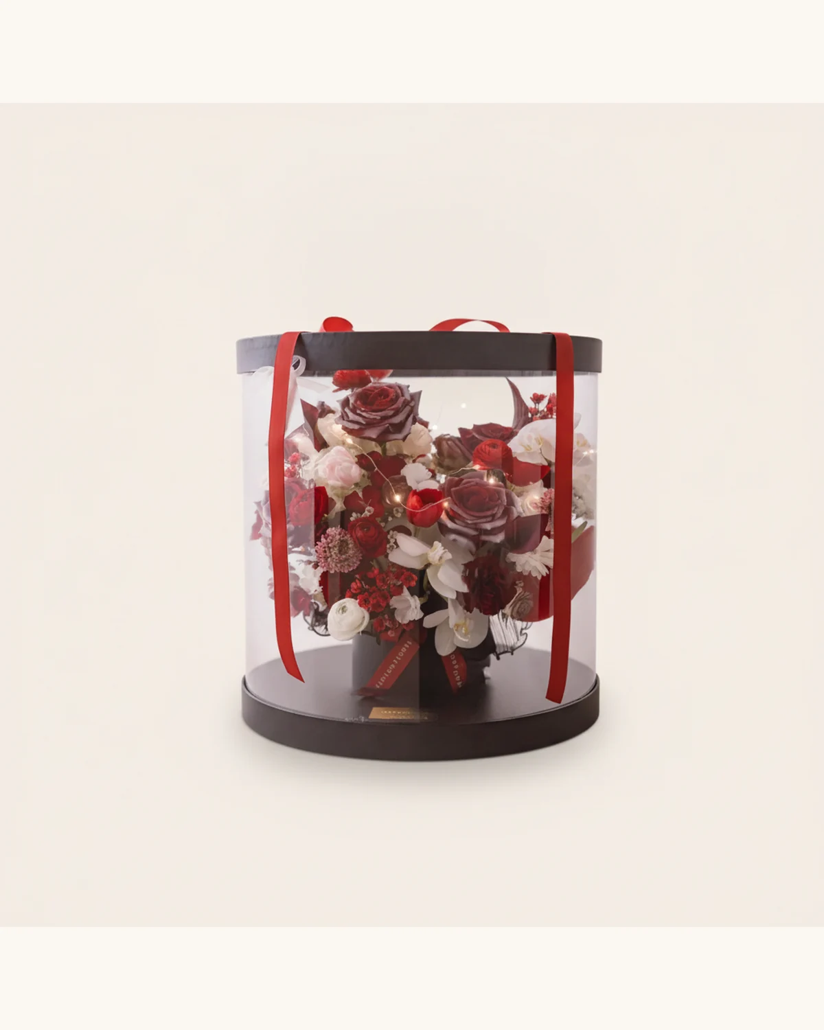 Romantic Christmas Cylinder Flower Gift Box — Red Roses, White Roses, Phalaenopsis Orchid, Daisy, Wax Flowers, Tulip, LED String Lights, Transparent Cylinder Gift Box, Red Ribbon
