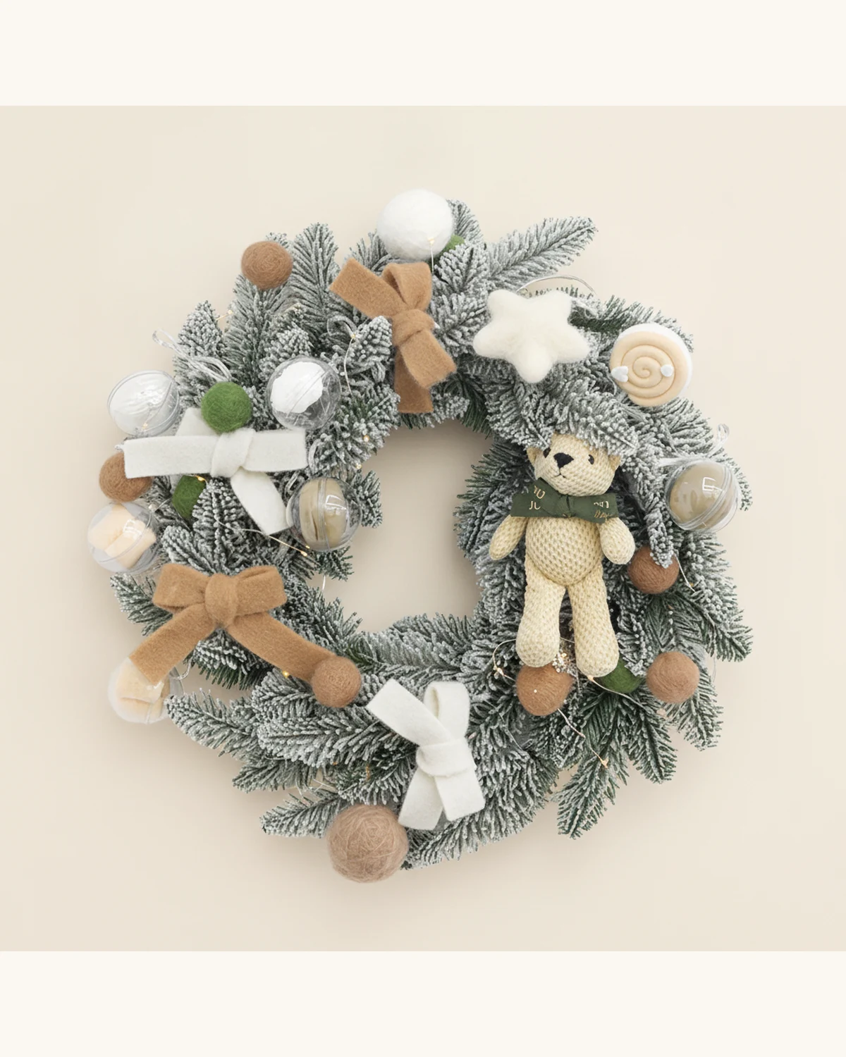 Flocked Pine Christmas Wreath with Plush Bear and Fabric Bows — Flocked Pine Needles, Plush Bear, Fabric Bows, Felt Balls, Decorative Baubles, LED String Lights