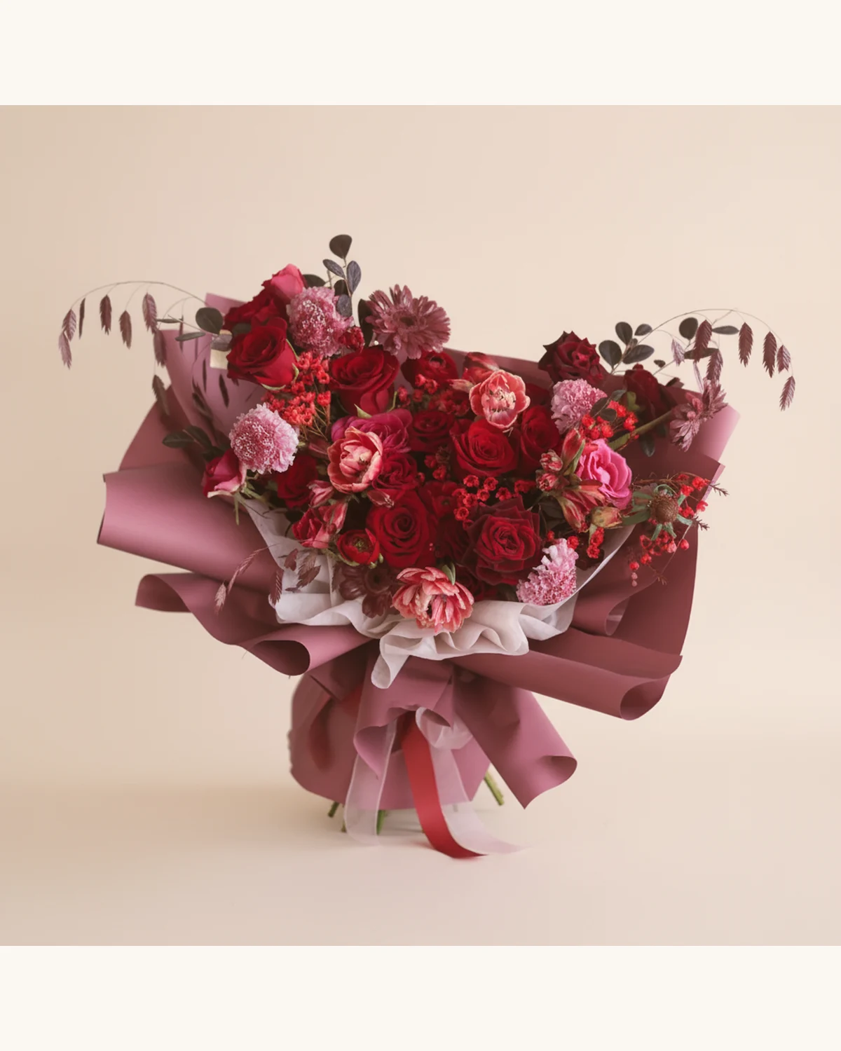 Red Rose and Pink Carnation Christmas Bouquet — Red Rose, Pink Rose, China Rose, Carnation, Gerbera, Waxflower, Brome, Olive Leaves