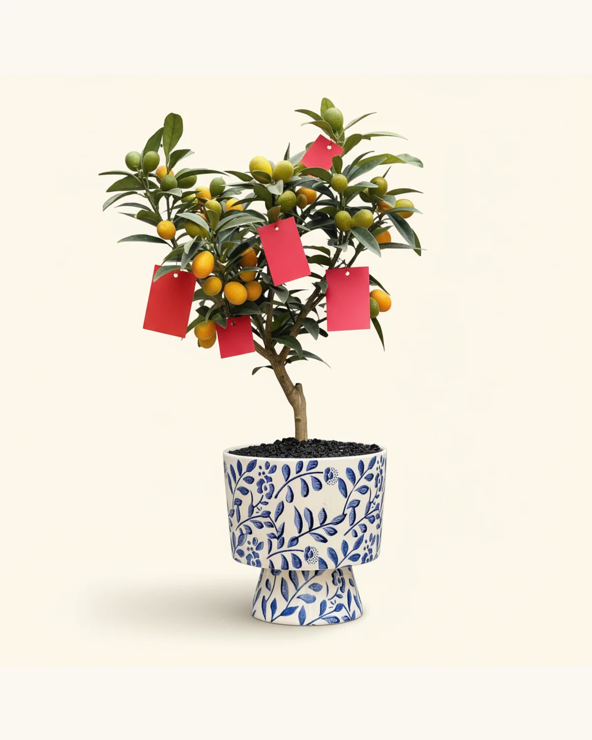 Lunar New Year Calamondin Orange Tree in Blue and White Ceramic Planter — Calamondin Orange Tree, Blue and white ceramic planter, Red decorative cards, Black soil