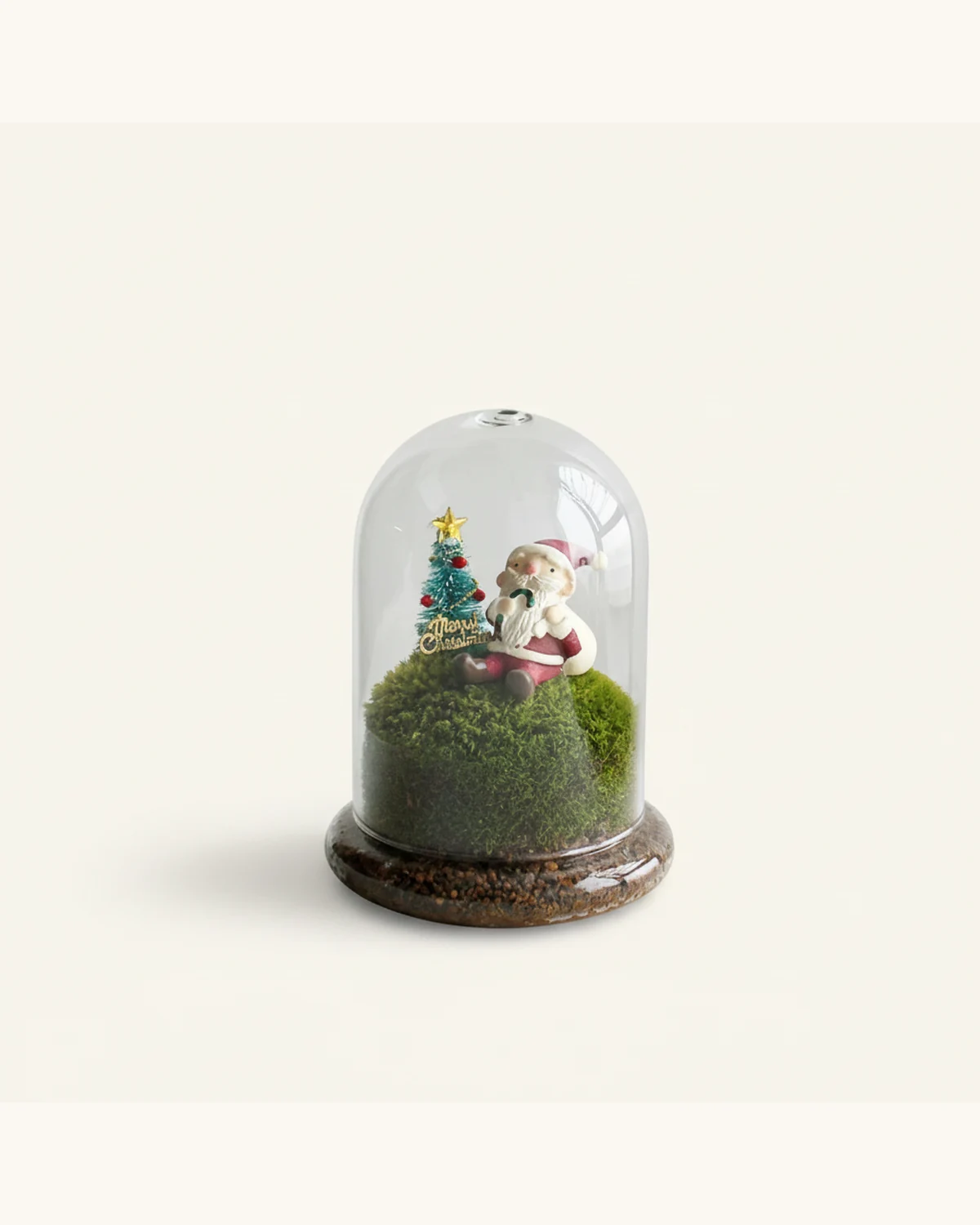 聖誕老人苔蘚玻璃罩微景觀 — 苔蘚、玻璃罩、聖誕老人擺件、迷你聖誕樹、木質底座