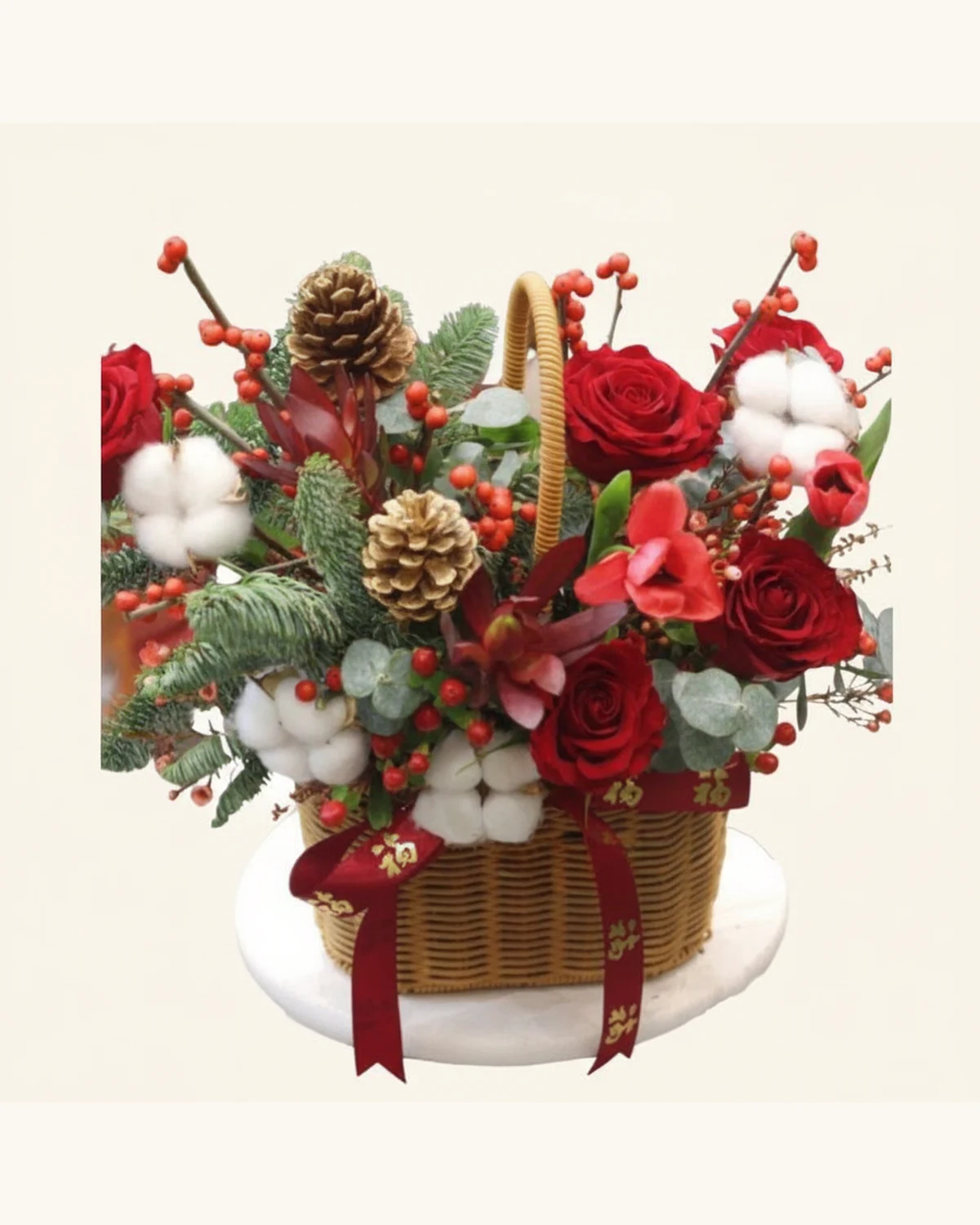 Christmas Red Rose and Cotton Flower Basket — Red Rose, Cotton Flower, Pine Cone, Ilex, Pine Needle, Eucalyptus, Woven Basket